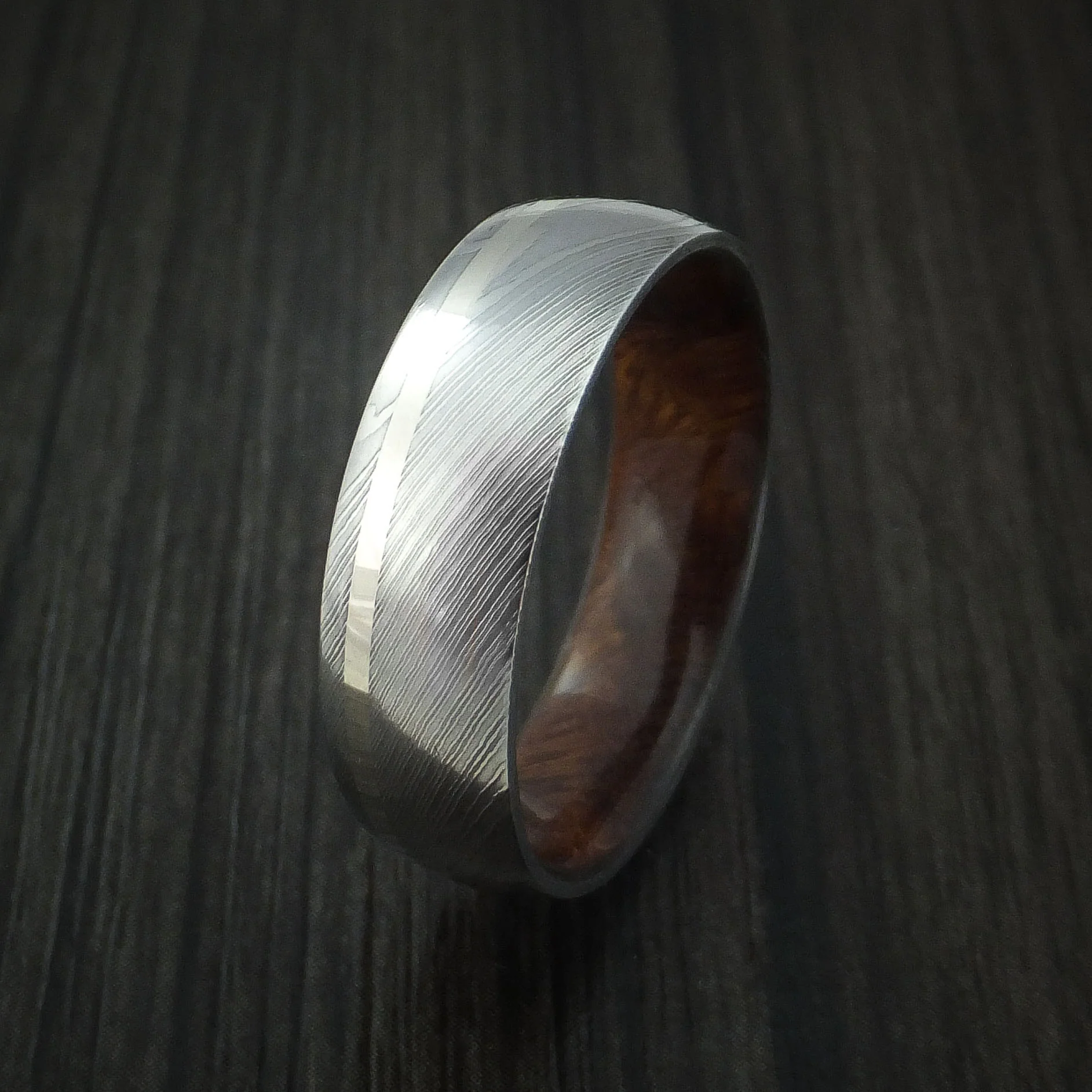 Damascus Steel Men's Ring with 14k White Gold Inlay and Hardwood Interior Sleeve Custom Made Band - Image 4
