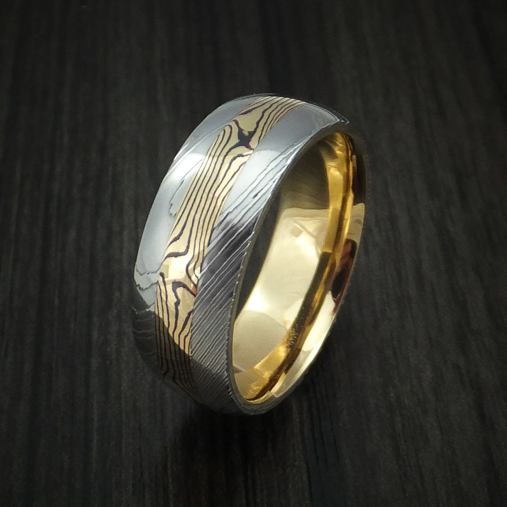 Damascus Steel Men's Ring with 18K Yellow Gold Mokume and 18K Yellow Gold Sleeve Custom Made Band - Image 3