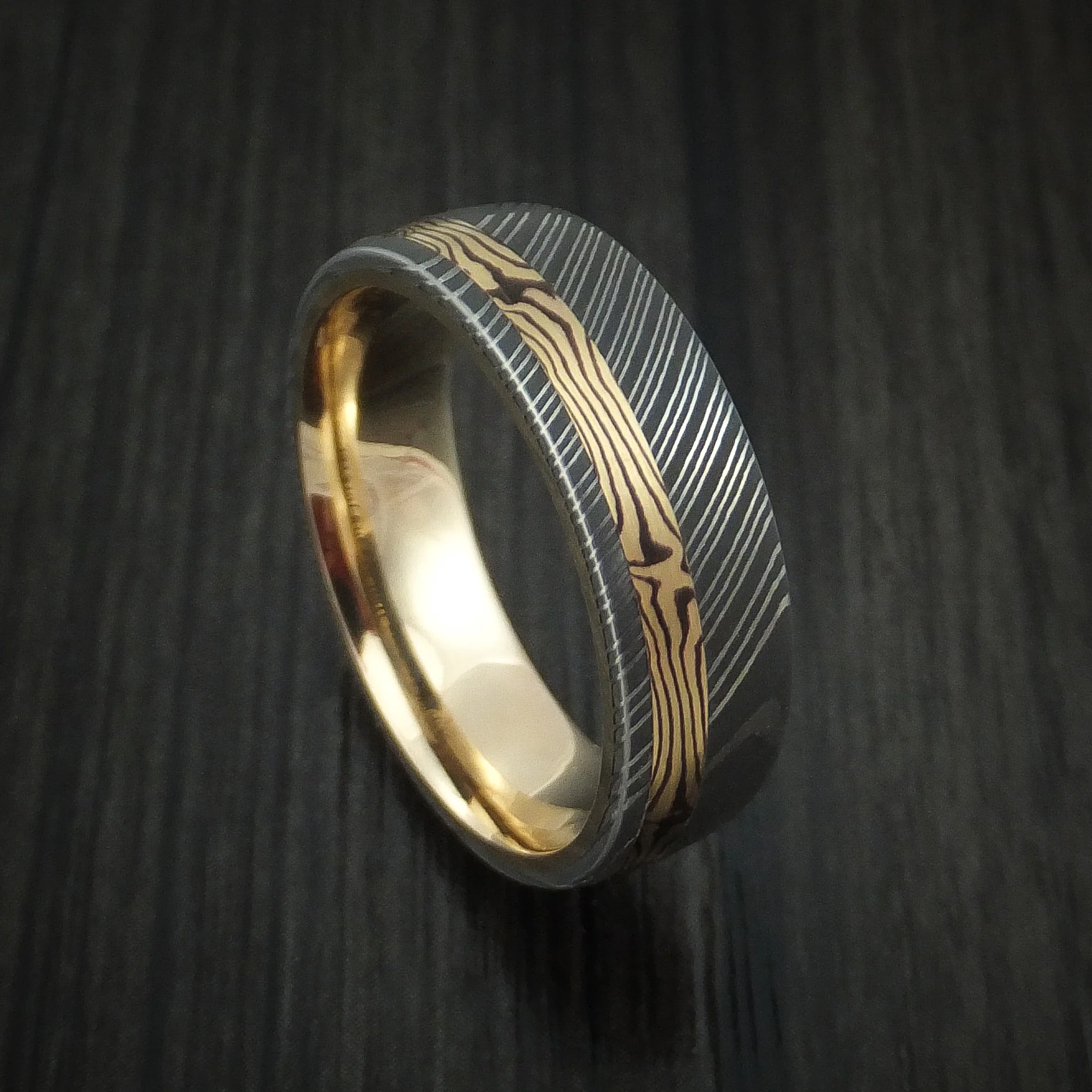 Damascus Steel Men's Ring with 18K Yellow Gold Mokume Shakudo and 14K Yellow Gold Sleeve Custom Made Band