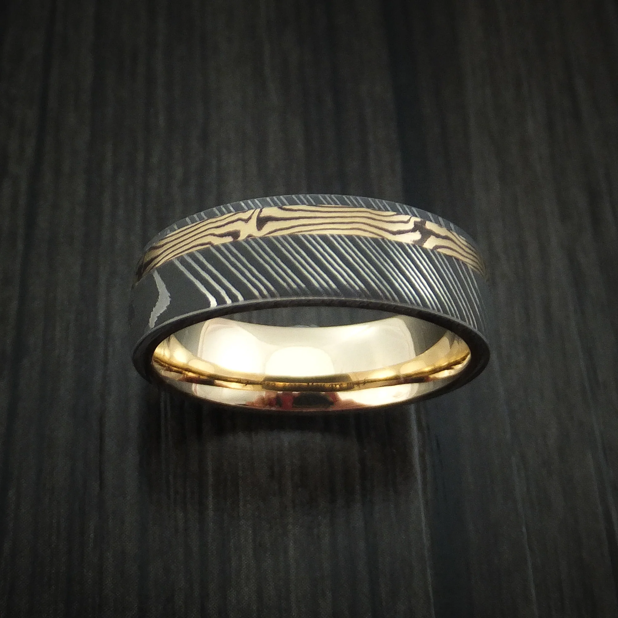 Damascus Steel Men's Ring with 18K Yellow Gold Mokume Shakudo and 14K Yellow Gold Sleeve Custom Made Band - Image 2