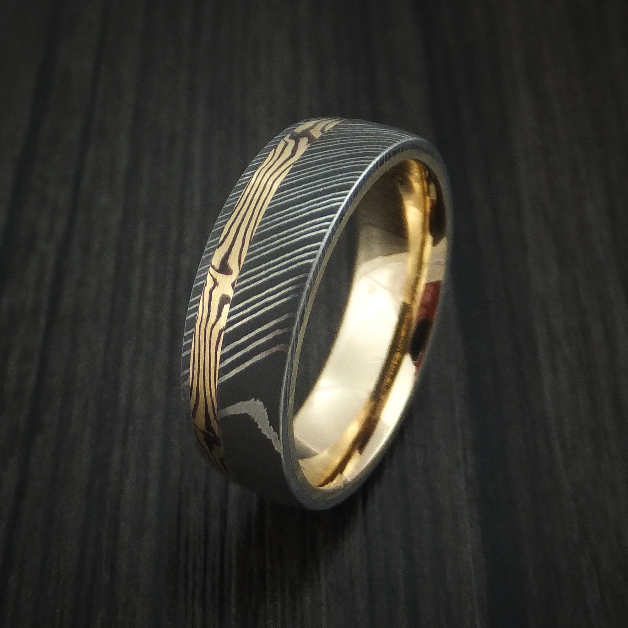 Damascus Steel Men's Ring with 18K Yellow Gold Mokume Shakudo and 14K Yellow Gold Sleeve Custom Made Band - Image 4