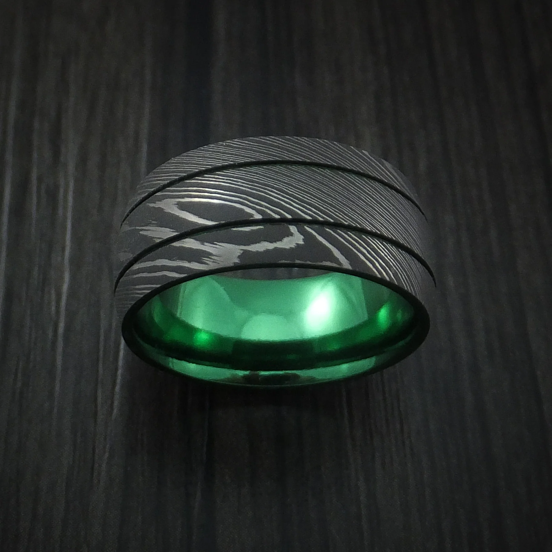 Damascus Steel Men's Ring with Anodized Titanium Interior Sleeve Custom Made - Image 2