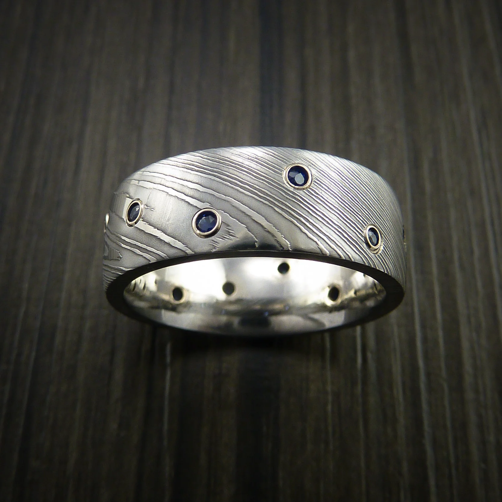 Damascus Steel Men's Ring with Bezel Set Blue Sapphires Custom Band - Image 3
