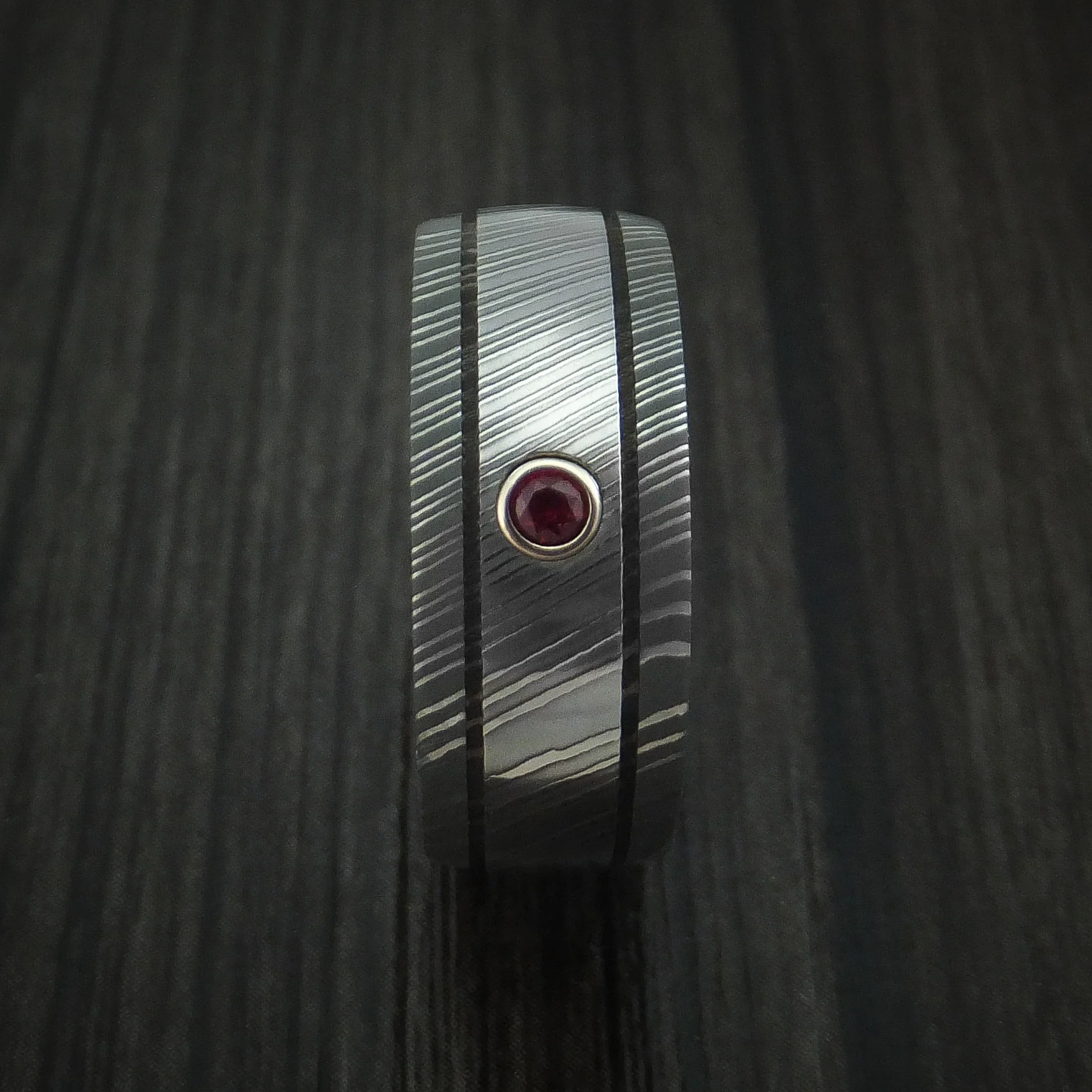 Damascus Steel Men's Ring with Bezel Set Ruby Custom Made Band - Image 3