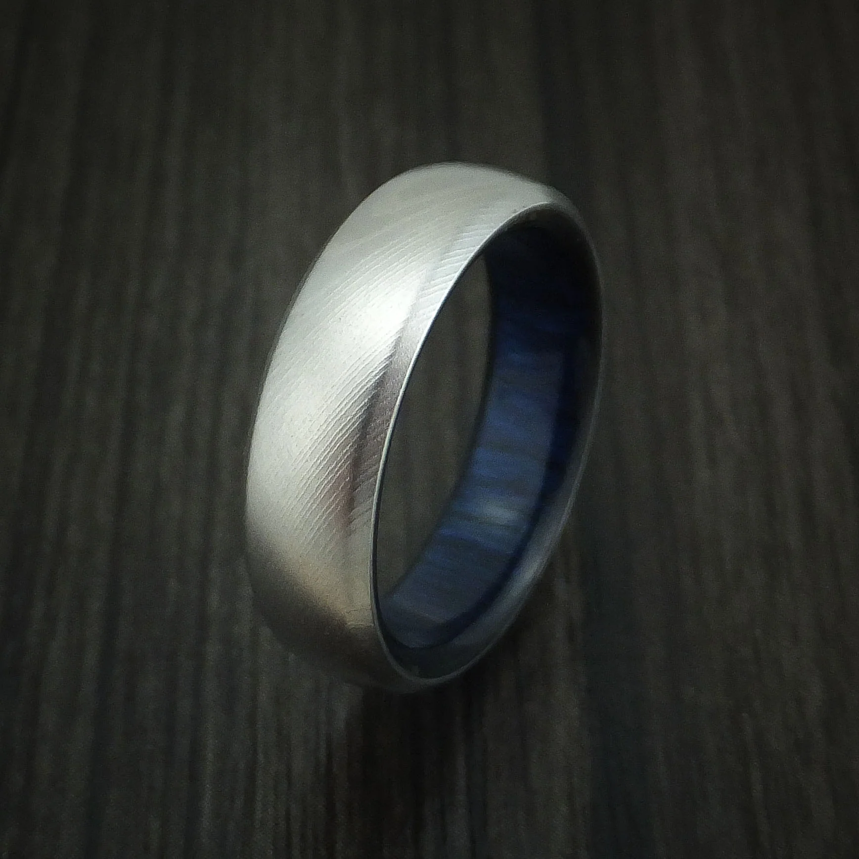 Damascus Steel Men's Ring with Blueberry Wood Interior Sleeve Custom Made - Image 4
