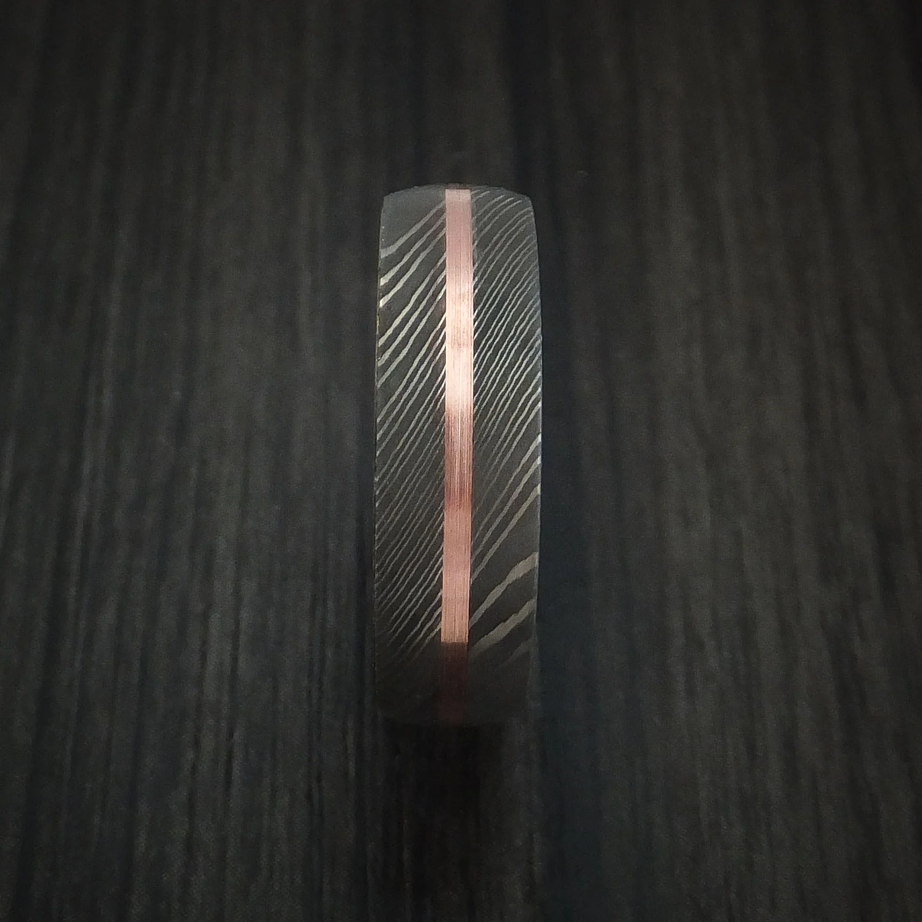 Damascus Steel Men's Ring with Copper Inlay and Anodized Titanium Interior Sleeve Custom Made Band - Image 3