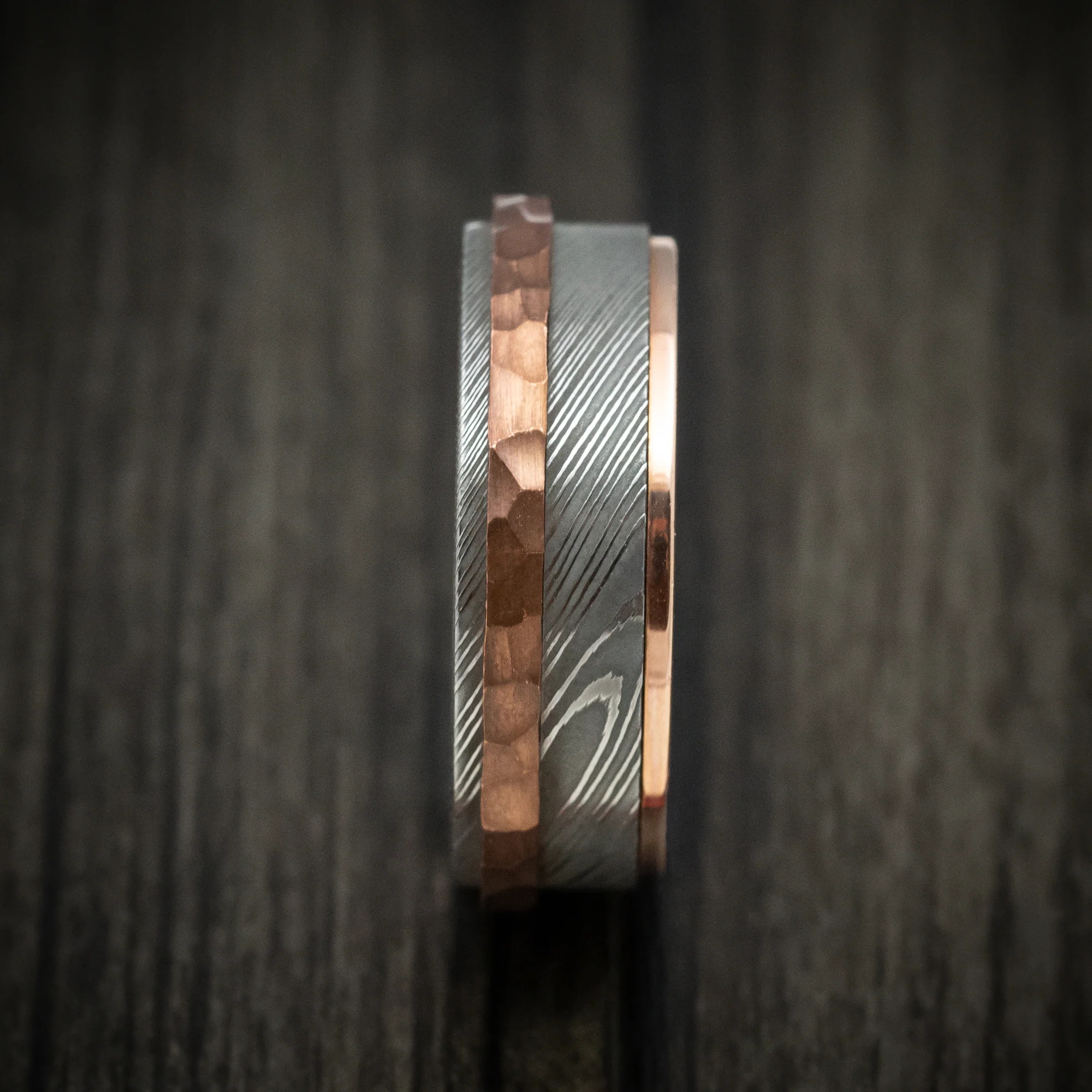 Damascus Steel Men's Ring with Copper Inlay and Interior 14k Rose Gold Sleeve Custom Made Band - Image 3