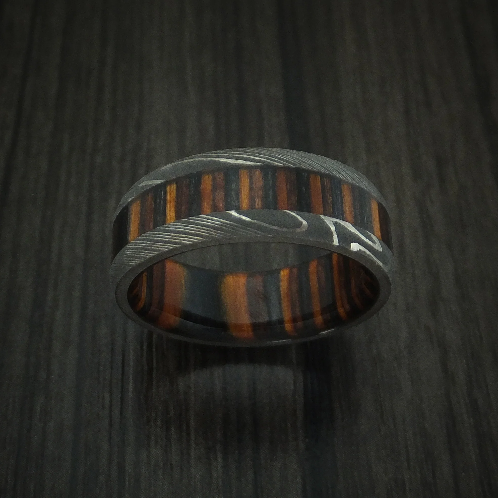 Damascus Steel Men's Ring with Ember Wood Inlay and Sleeve Custom Made Thick Band - Image 2