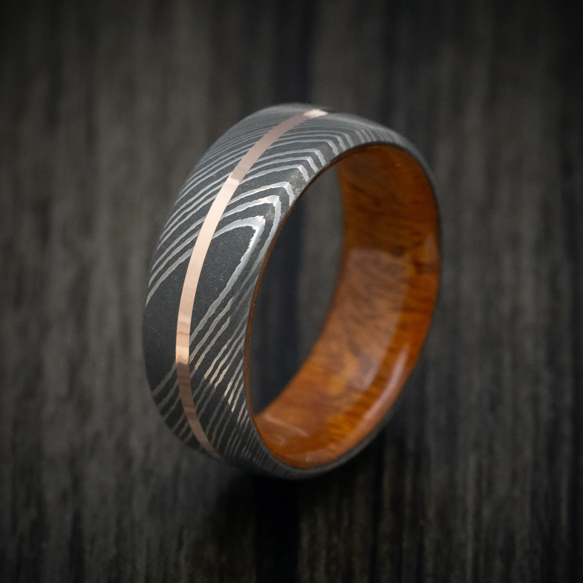 Damascus Steel Men's Ring with Gold Inlay and Wood Sleeve - Image 4