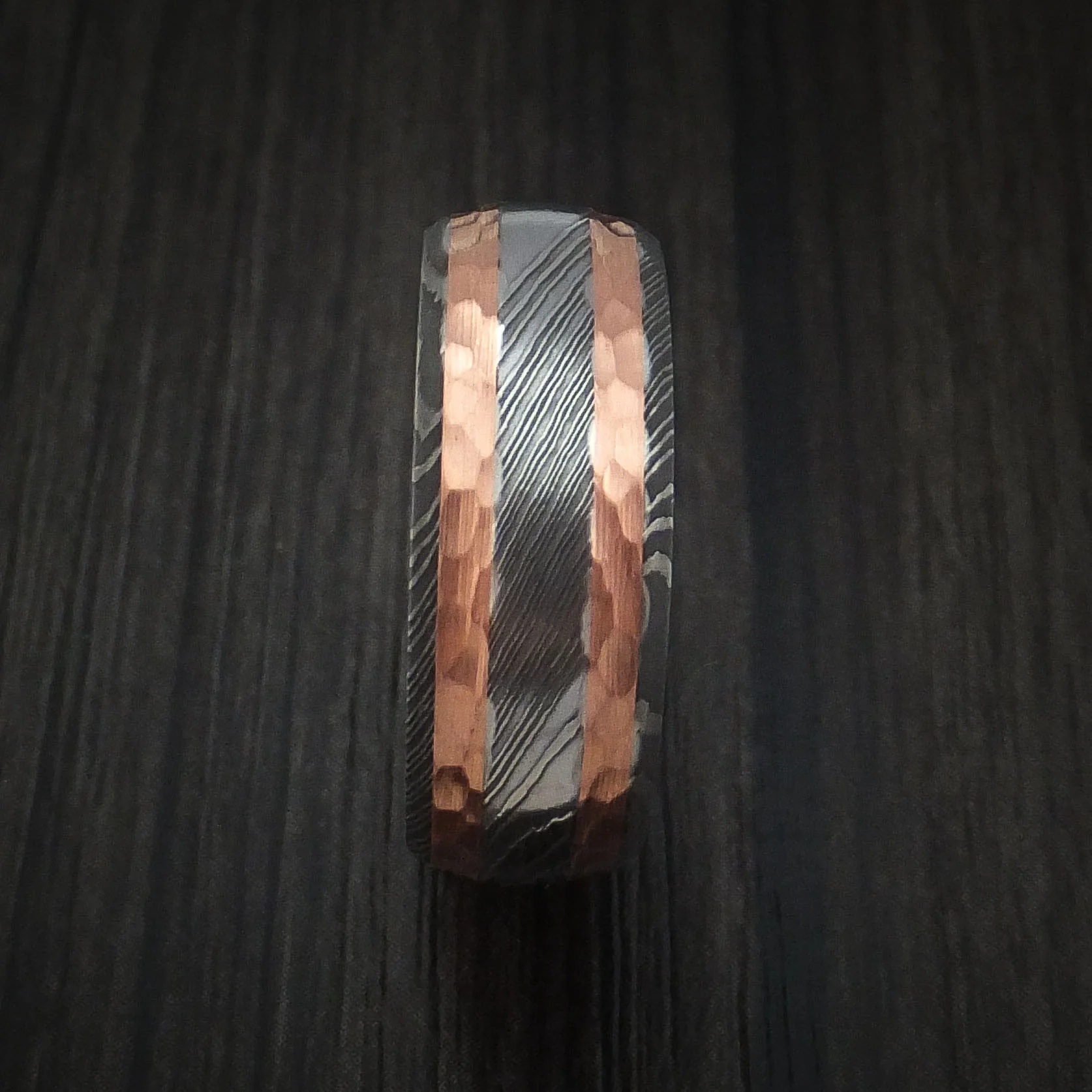 Damascus Steel Men's Ring with Hammered Copper Inlays Custom Made Band - Image 3