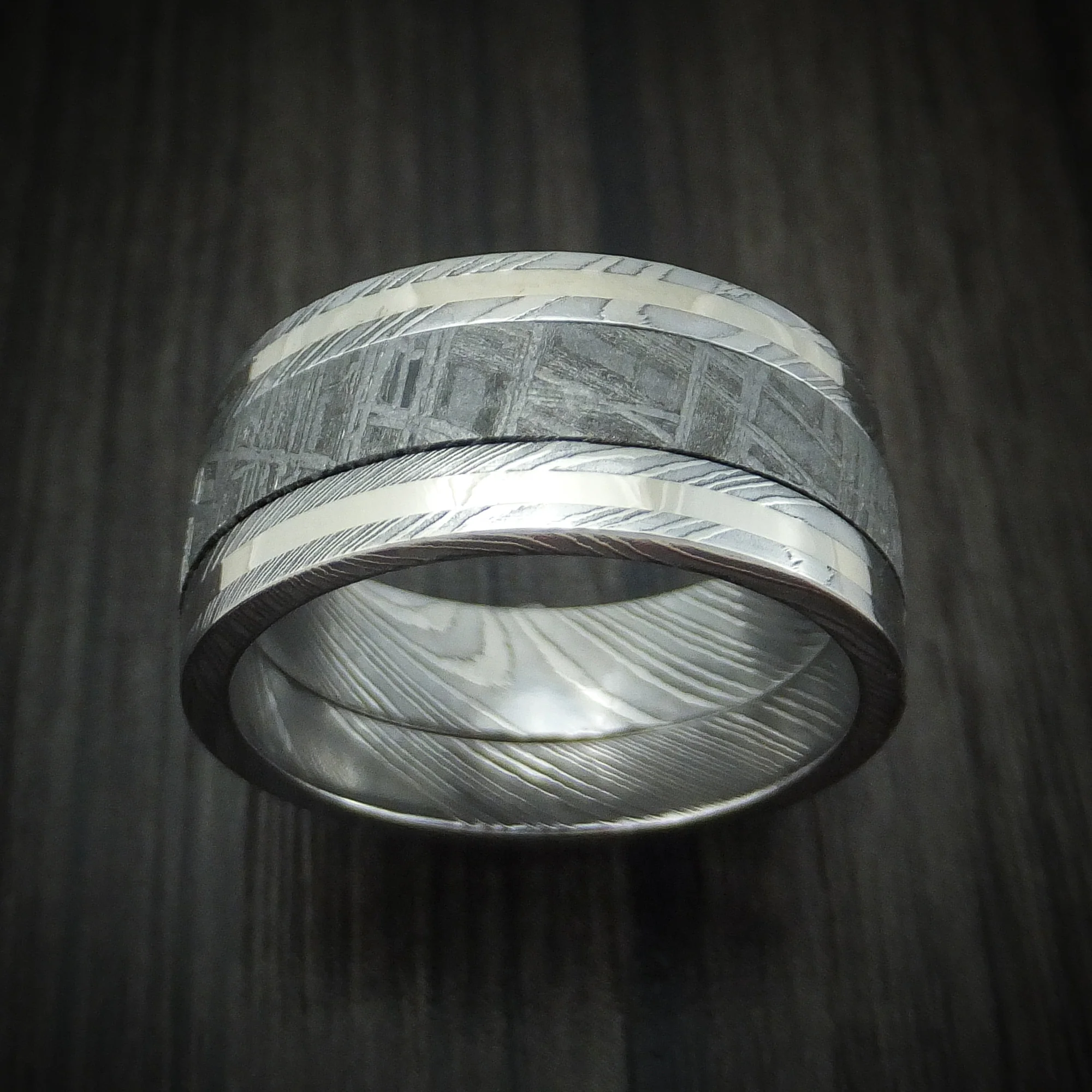 Damascus Steel Men's Ring with Meteorite and Gold Custom Made Band - Image 2
