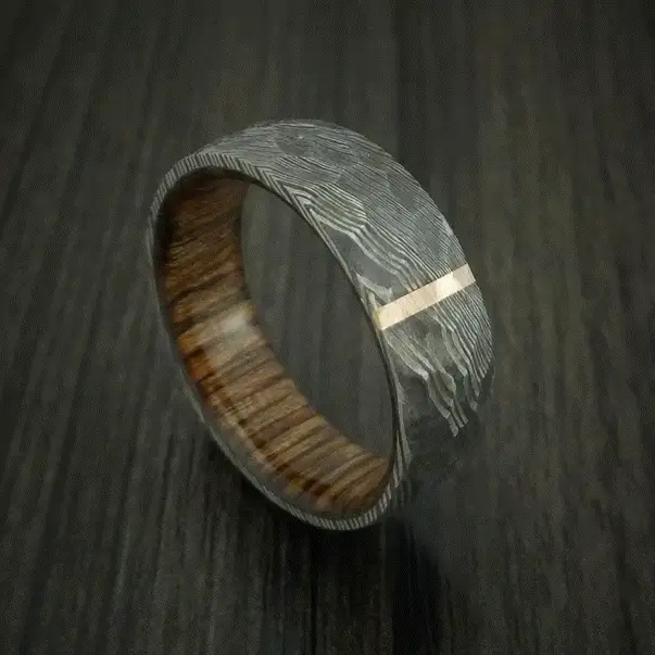 Damascus Steel Men's Ring with Rock Hammer Finish and Vertical 14k Rose Gold Inlay and Wood Sleeve Custom Made Band - Image 5