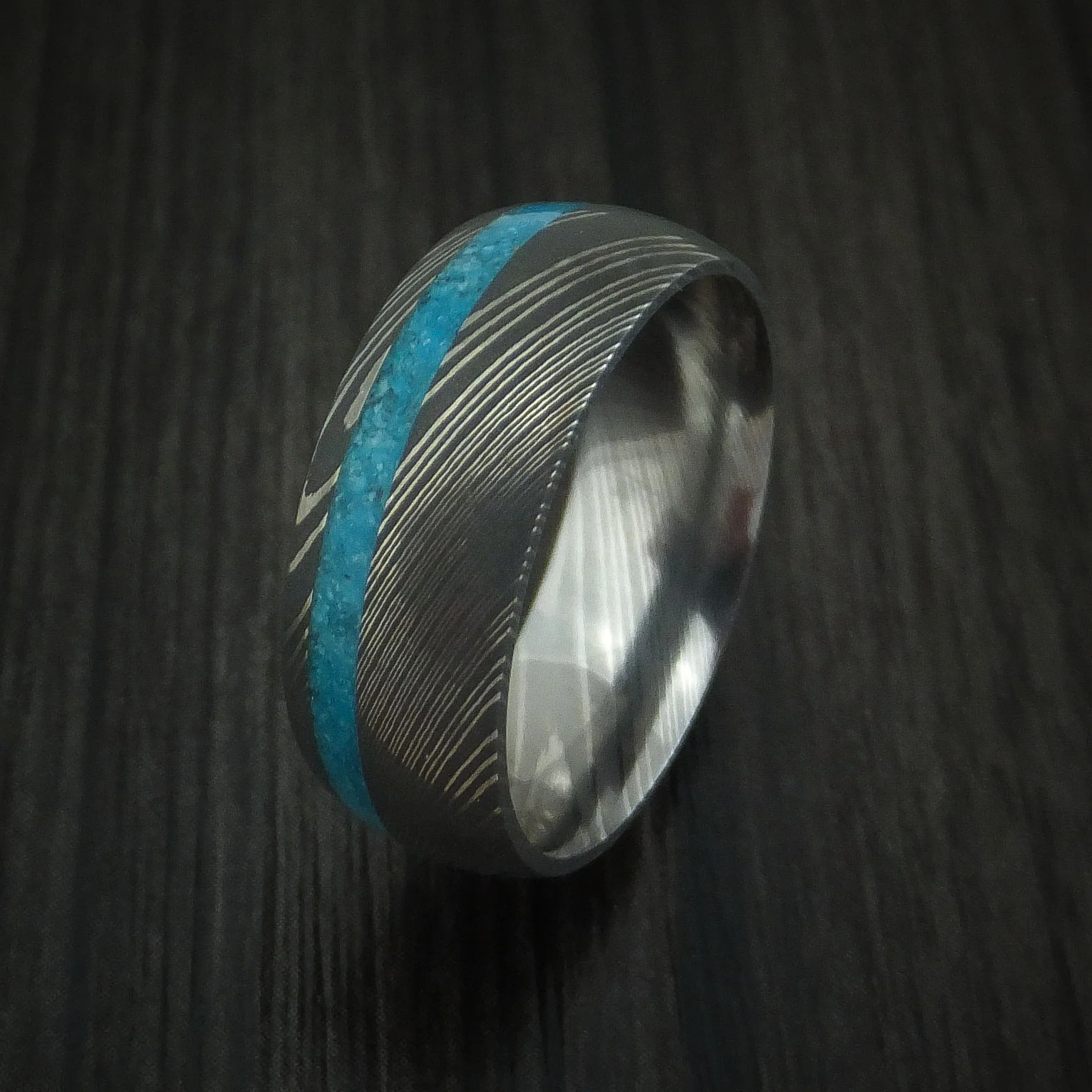 Damascus Steel Men's Ring with Turquoise Inlay Custom Made Band - Image 4