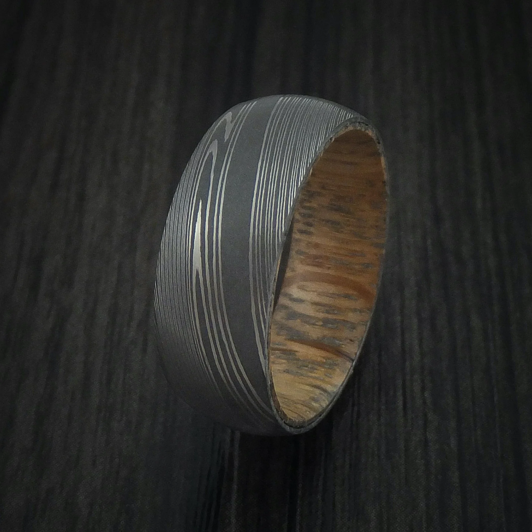 Damascus Steel Men's Ring with Interior Wood Sleeve Custom Made - Image 4