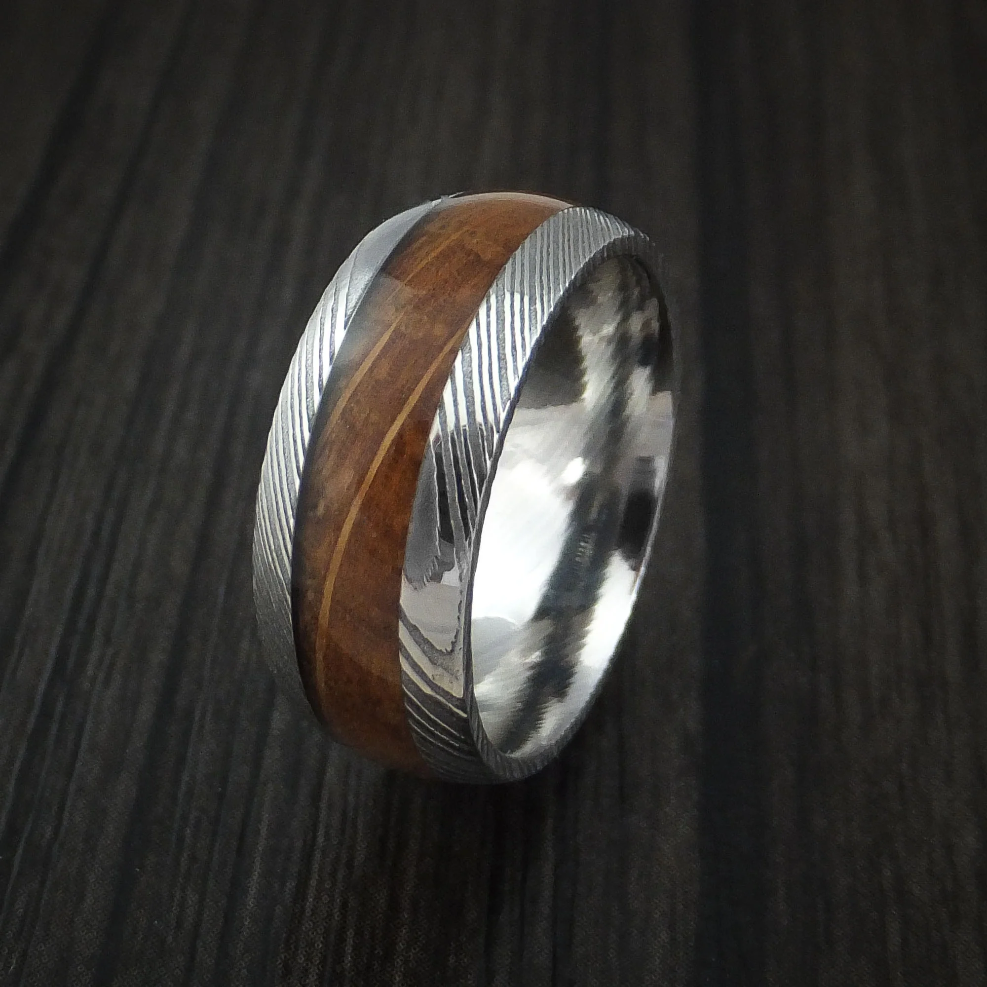 Damascus Steel Men's Ring with Hardwood Inlay Custom Made - Image 4