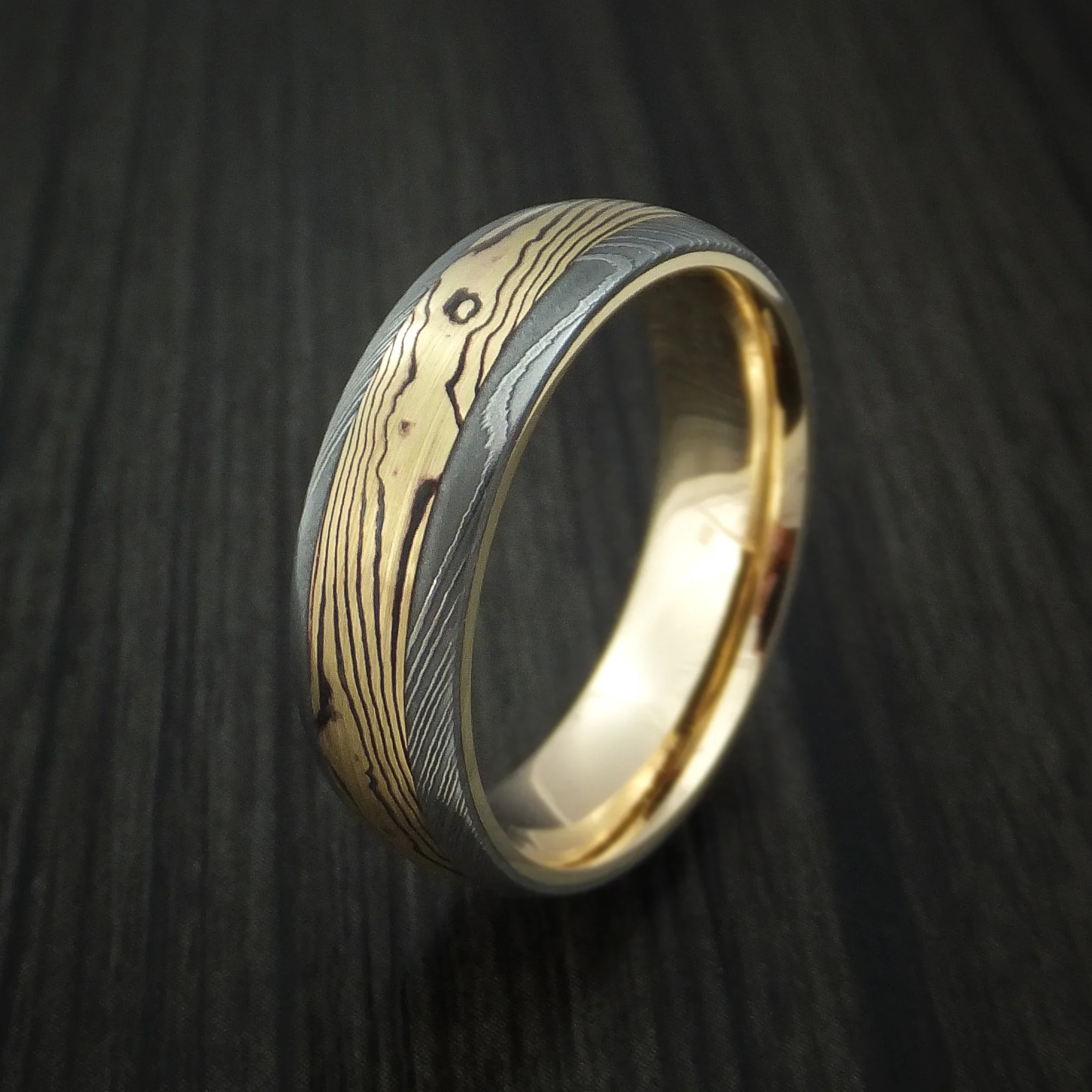 Damascus Steel Men's Ring with Yellow Gold Mokume and Yellow Gold Sleeve Custom Made Band - Image 4
