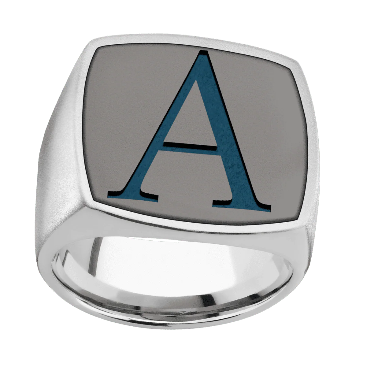 Extra Large Cushion signet ring (22x22mm) in Palladium Silver, with a Wide style band, a Tantalum Noir inlay and a Book Antiqua 1 engraving. - Image 3