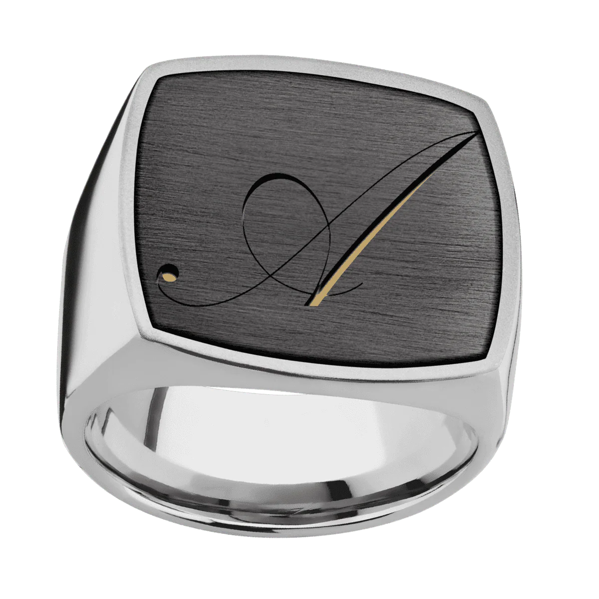 Extra Large Cushion signet ring (22x22mm) in Titanium, with a Wide style band, a Zirconium inlay and a Kunstler Script 1 engraving. - Image 3
