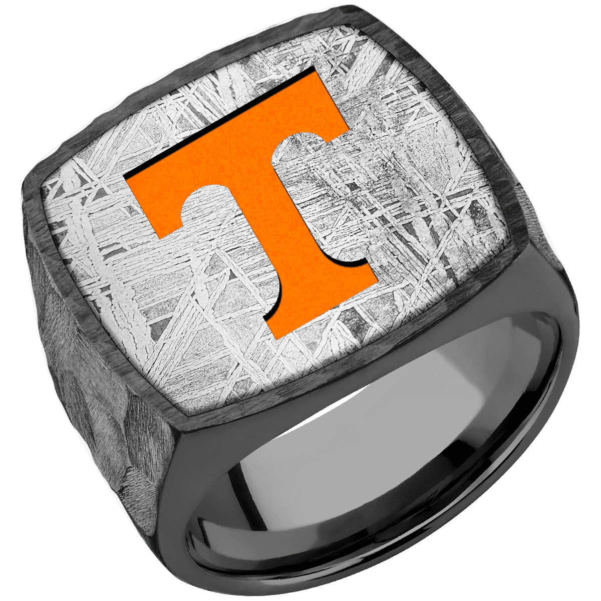 Extra Large Cushion signet ring (22x22mm) in Zirconium, with a Wide style band, a Meteorite inlay and a Tennessee Power T engraving. - Image 2