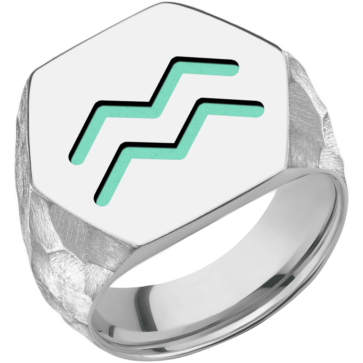 Extra Large Hexagon signet ring (23x20mm) in 18K White Gold, with a Wide style band and an Aquarius engraving. - Image 2