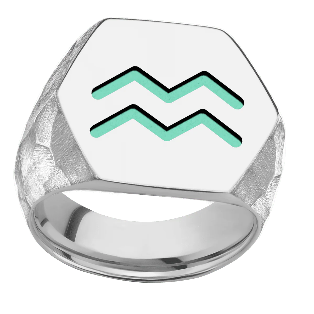 Extra Large Hexagon signet ring (23x20mm) in 18K White Gold, with a Wide style band and an Aquarius engraving. - Image 3