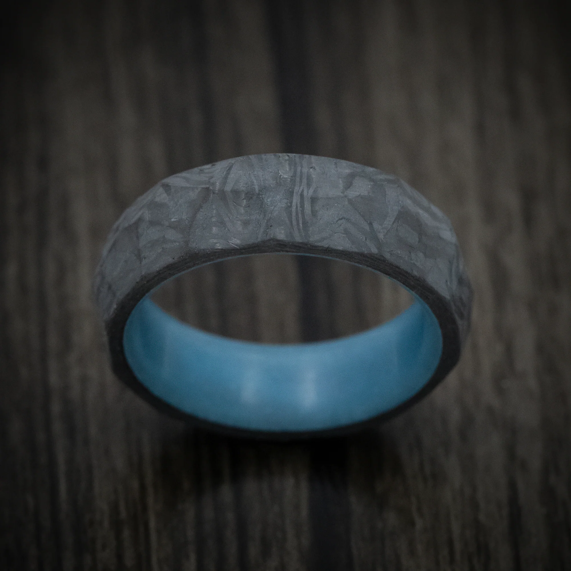 Faceted Carbon Fiber Men's Ring with Blue Glow Sleeve - Image 2