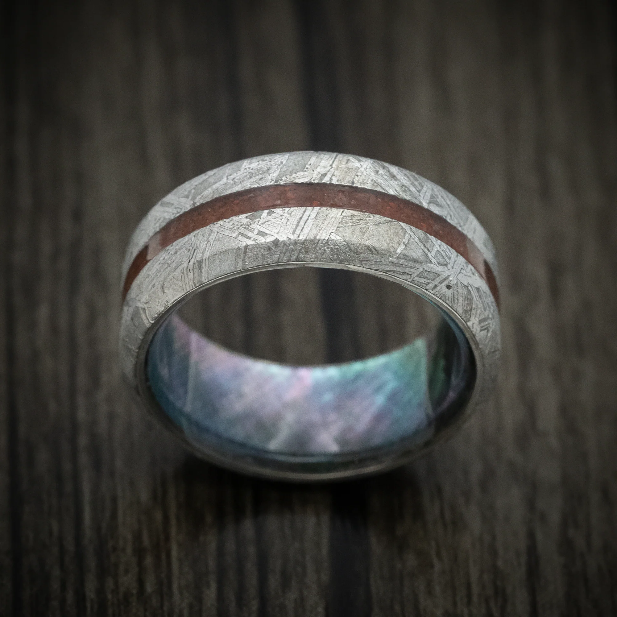 Gibeon Meteorite Ring with Dinosaur Bone Inlay and Abalone Shell Sleeve - Image 2