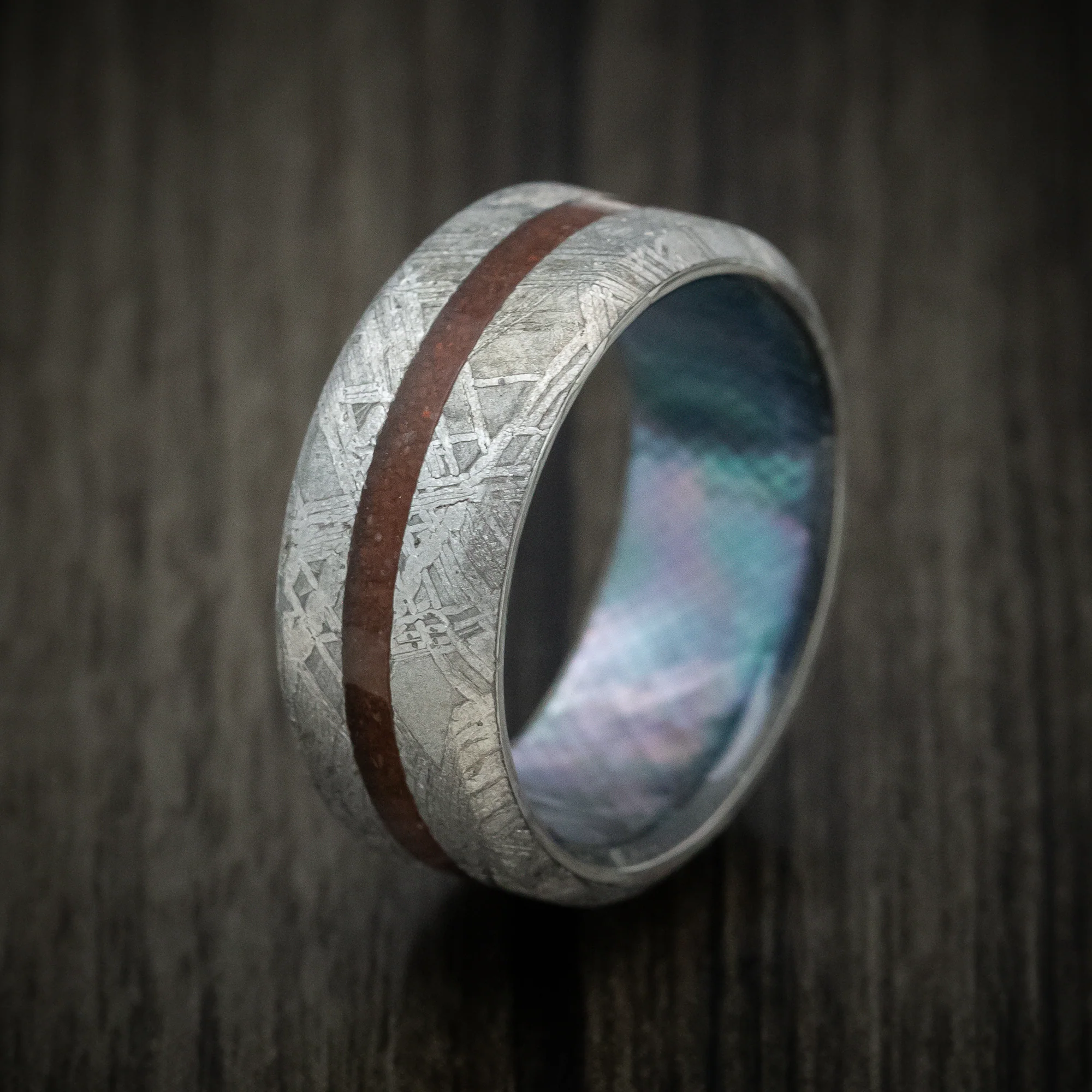 Gibeon Meteorite Ring with Dinosaur Bone Inlay and Abalone Shell Sleeve - Image 4