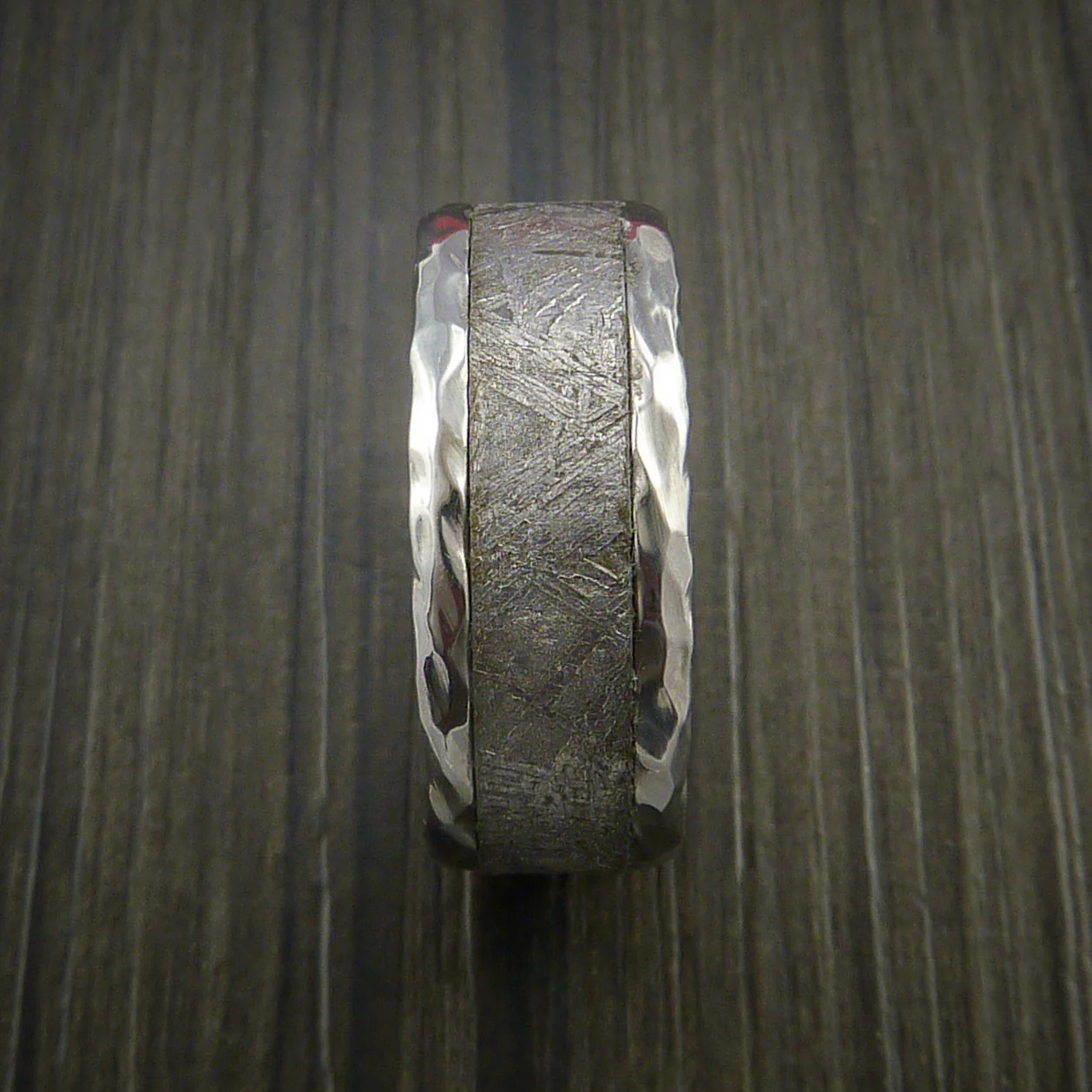 Hammered Inconel Men's Ring with Gibeon Meteorite Inlay Custom Made Wedding Band - Image 3