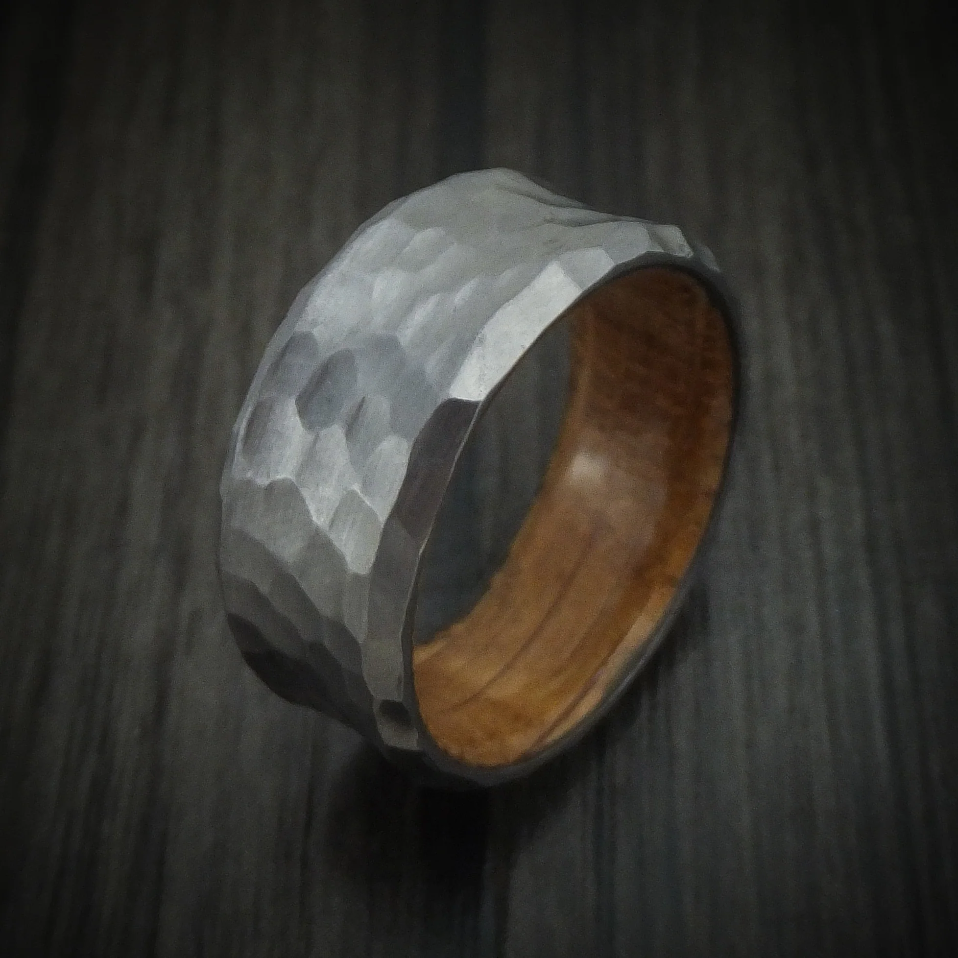 Hammered Tantalum Concave Men's Ring with Wood Sleeve Custom Made - Image 4