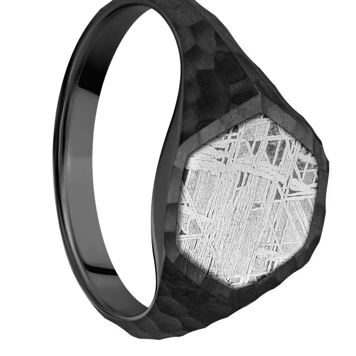 Hexagon Black Titanium Signet Ring / Hammer Ring Finish and Hammer Signet Finish / Meteorite Inlay / Size 8 - Image 2