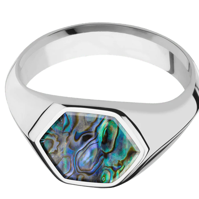Hexagon Titanium Signet Ring / Polish Ring Finish and Polish Signet Finish / Abalone Inlay / Size 6 - Image 3