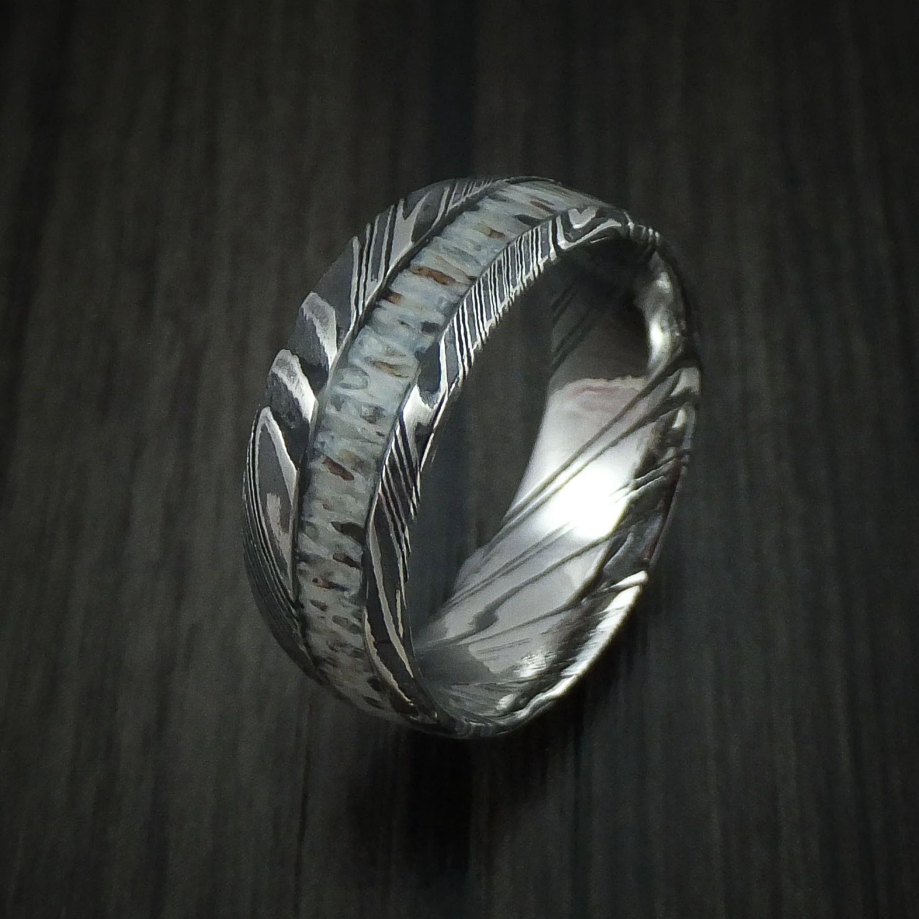 Woodgrain Kuro Damascus Steel and Antler Men's Ring Custom Made Band - Image 4