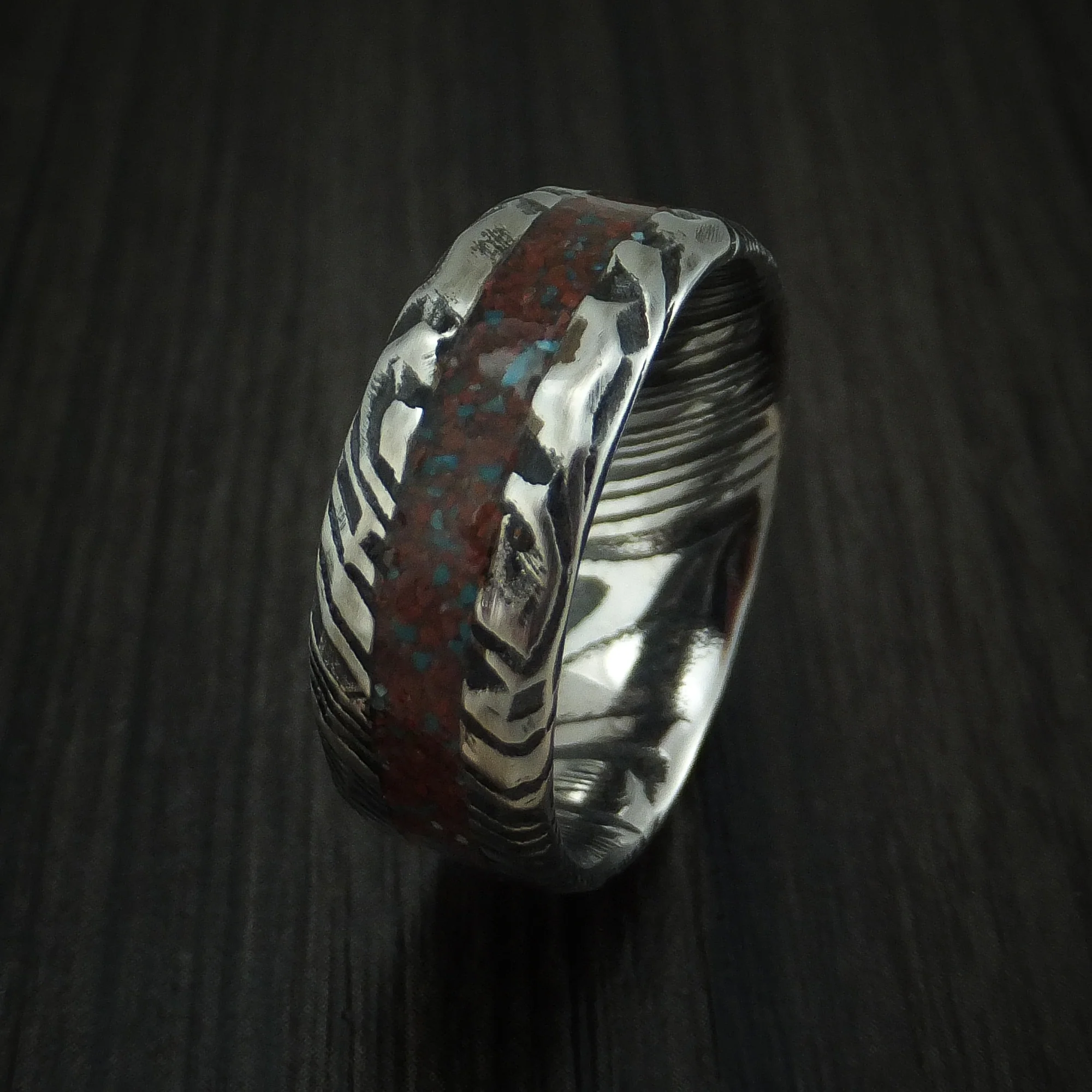 Woodgrain Kuro Damascus Steel And Red Dinosaur Bone with Turquoise Rock Hammered Men's Ring Custom Made Fossil Band - Image 4
