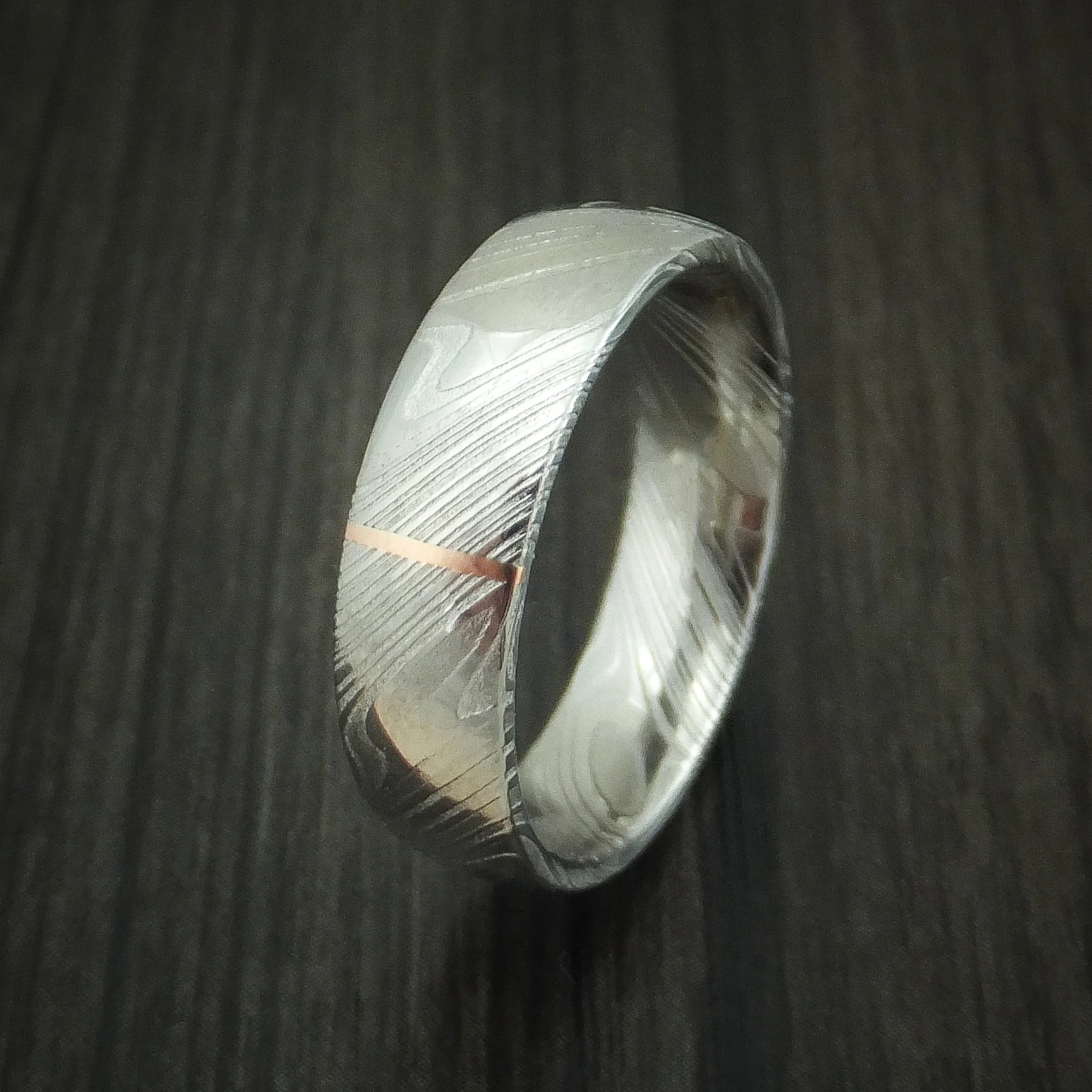 Woodgrain Kuro Damascus Steel and Vertical 14K Rose Gold Inlay Custom Made - Image 4