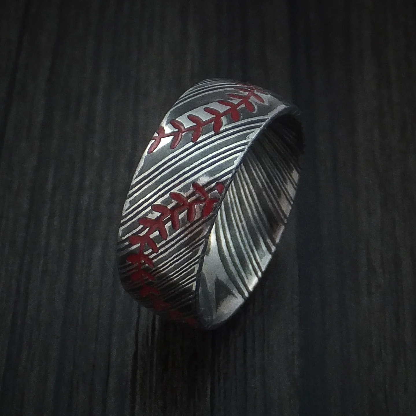 Woodgrain Kuro Damascus Steel Baseball Men's Ring with Double Stitching Acid Finish - Image 4