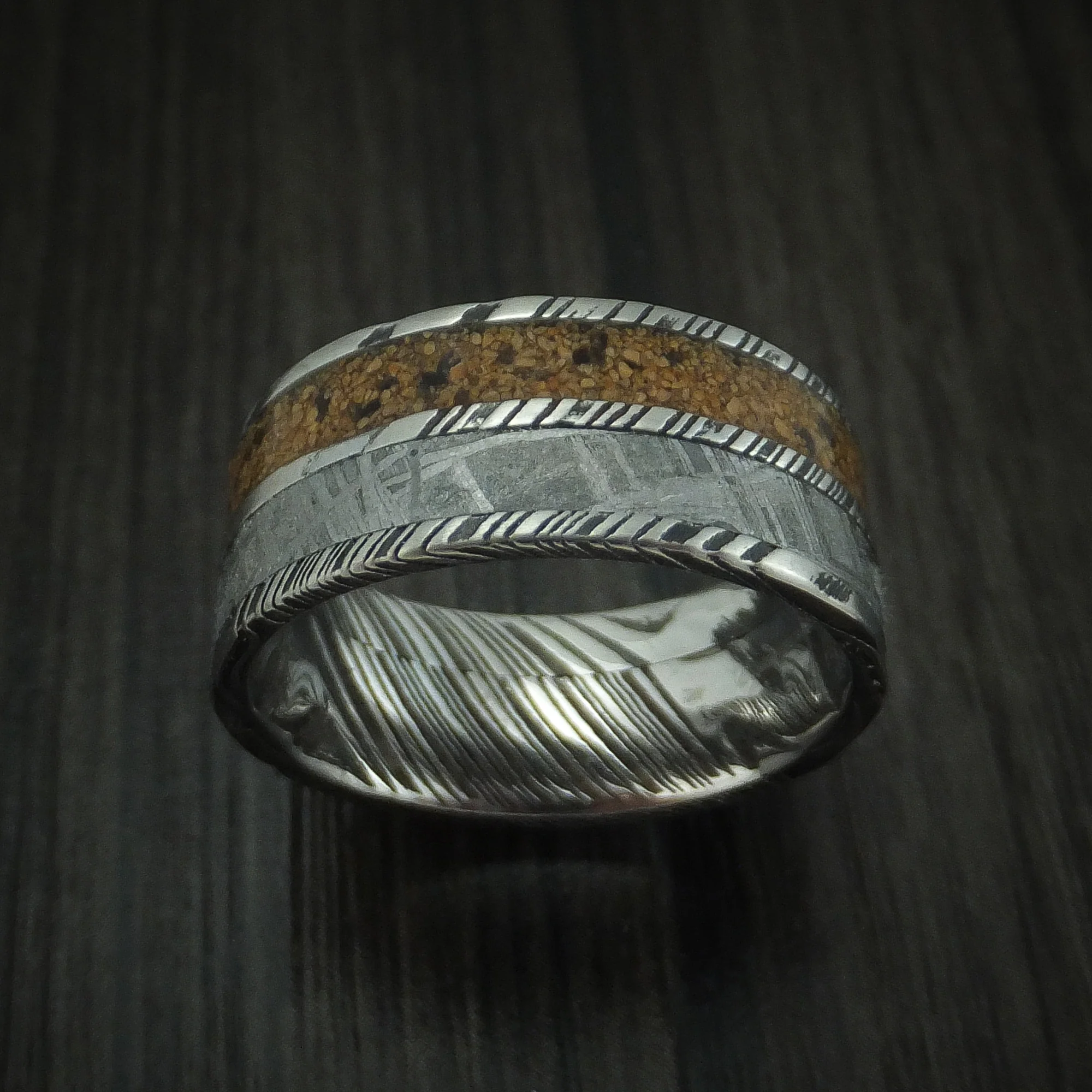 Woodgrain Kuro Damascus Steel Mixed Dinosaur Bone And Gibeon Meteorite Men's Ring Custom Made Fossil Band - Image 2