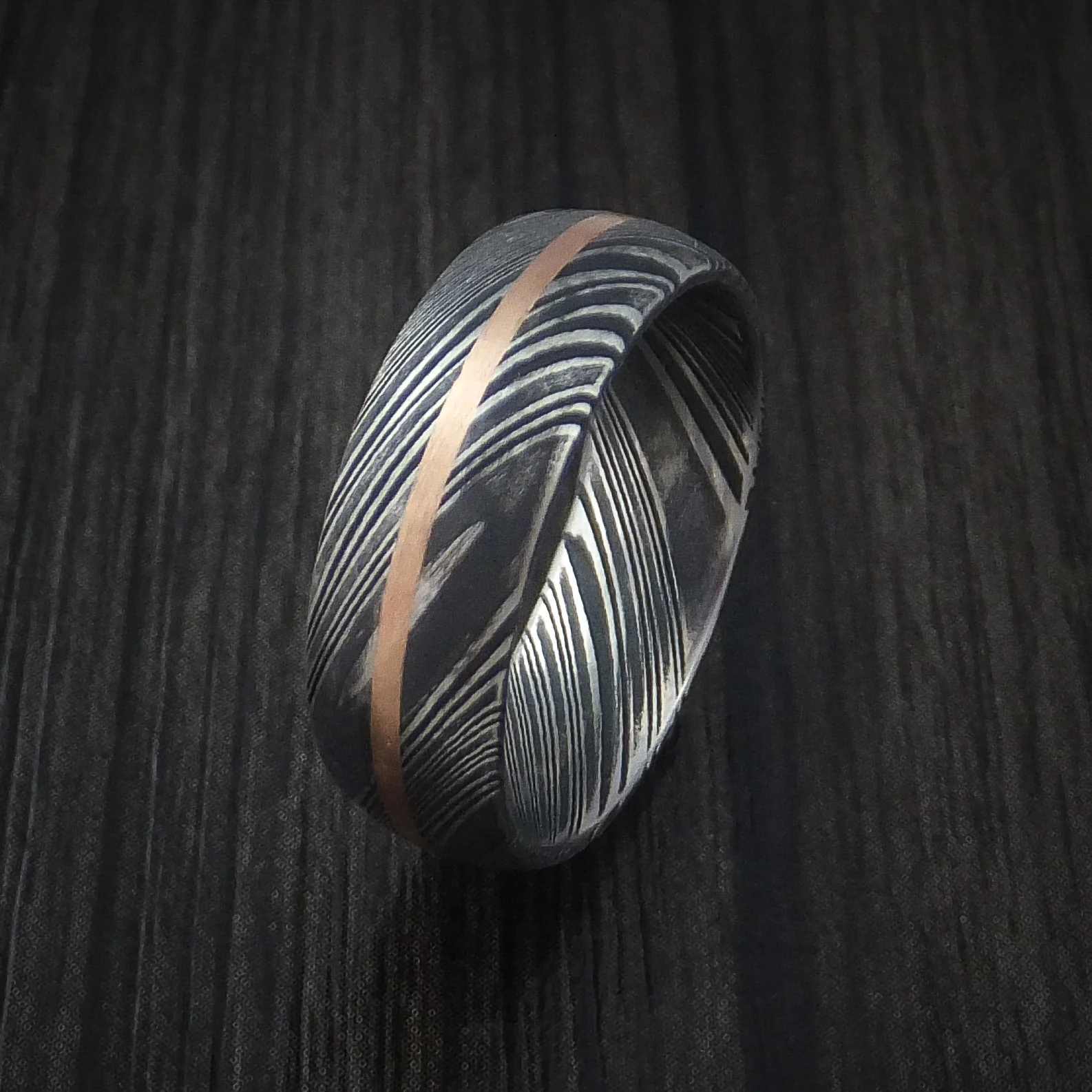 Woodgrain Kuro Damascus Steel Men's Ring and 14k Rose Gold Wedding Band Genuine Craftsmanship Custom Made - Image 3