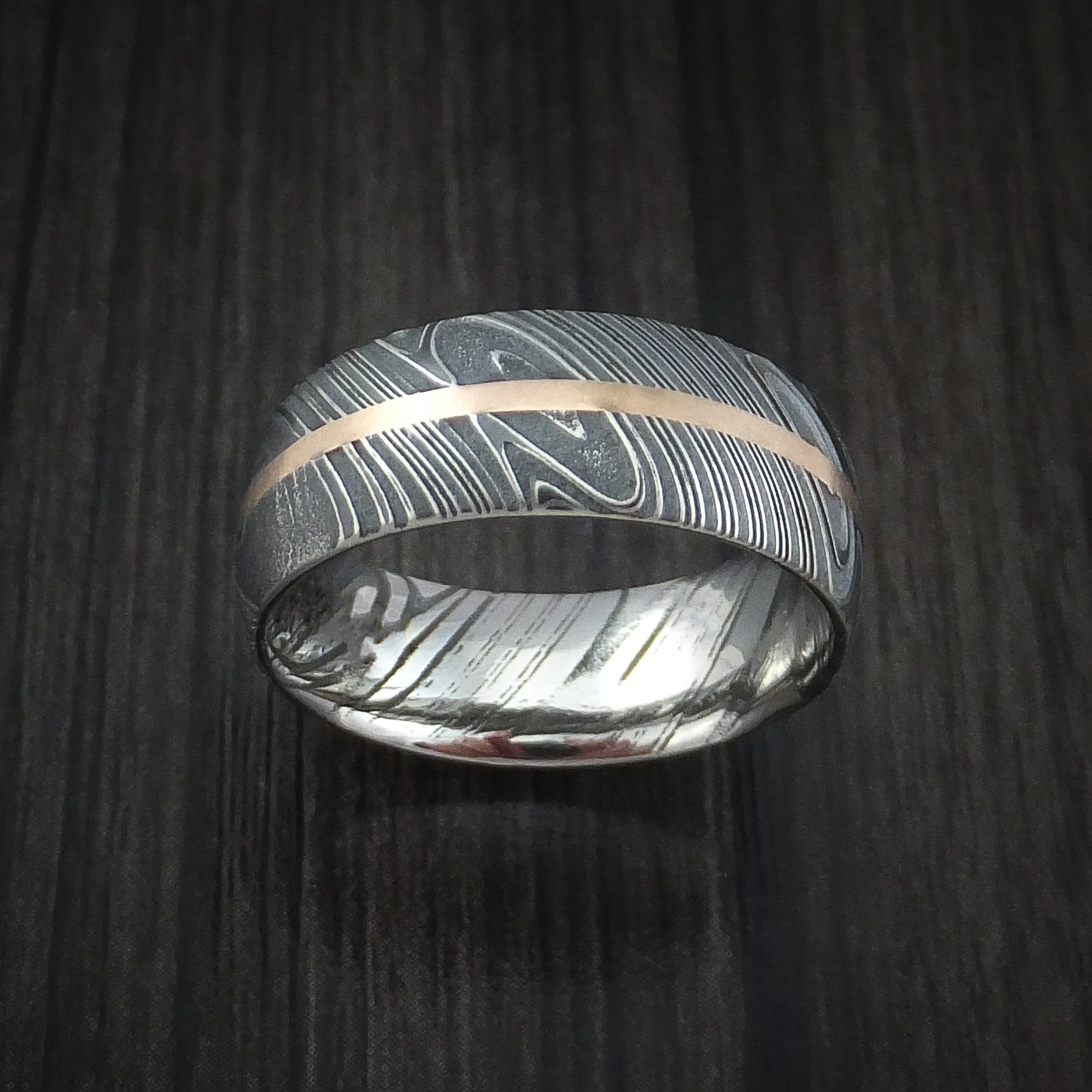 Woodgrain Kuro Damascus Steel Men's Ring and 14k Rose Gold Wedding Band Genuine Craftsmanship Custom Made - Image 2