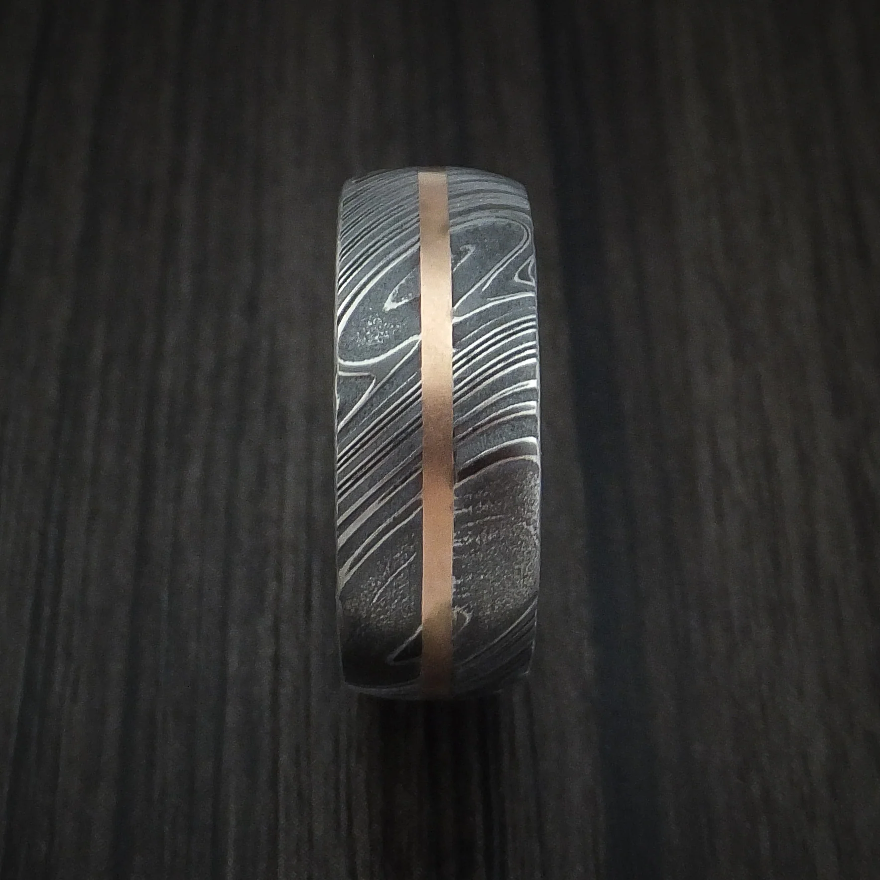 Woodgrain Kuro Damascus Steel Men's Ring and 14k Rose Gold Wedding Band Genuine Craftsmanship Custom Made - Image 4