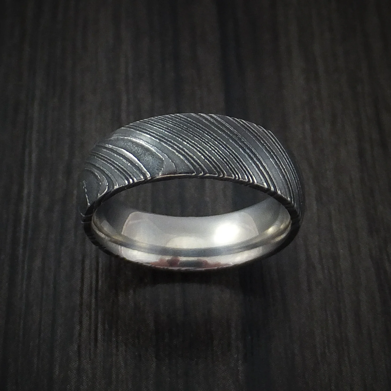 Woodgrain Kuro Damascus Steel Men's Ring Custom Made Wedding Band - Image 2