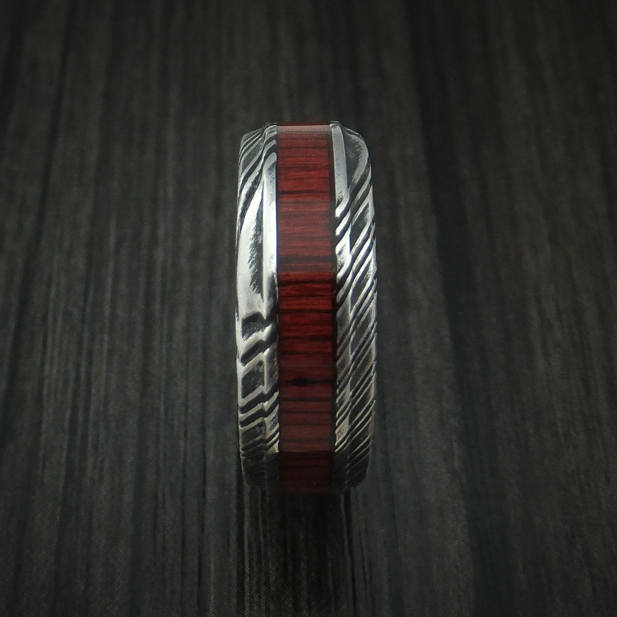 Woodgrain Kuro Damascus Steel Men's Ring with Cocobolo Hardwood Inlay Custom Made Band - Image 3