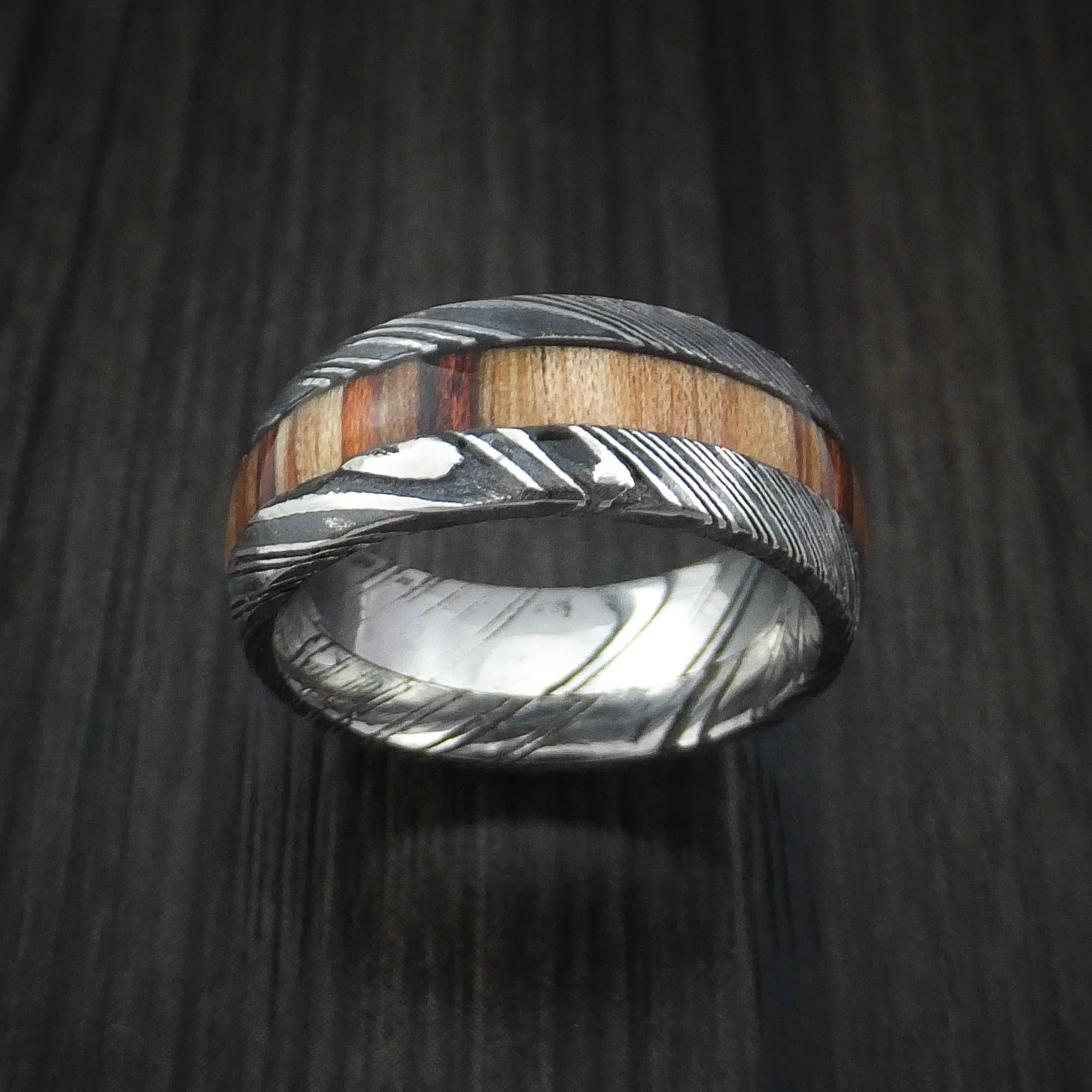 Woodgrain Kuro Damascus Steel Men's Ring with Hazelnut Hardwood Inlay Custom Made Band - Image 2