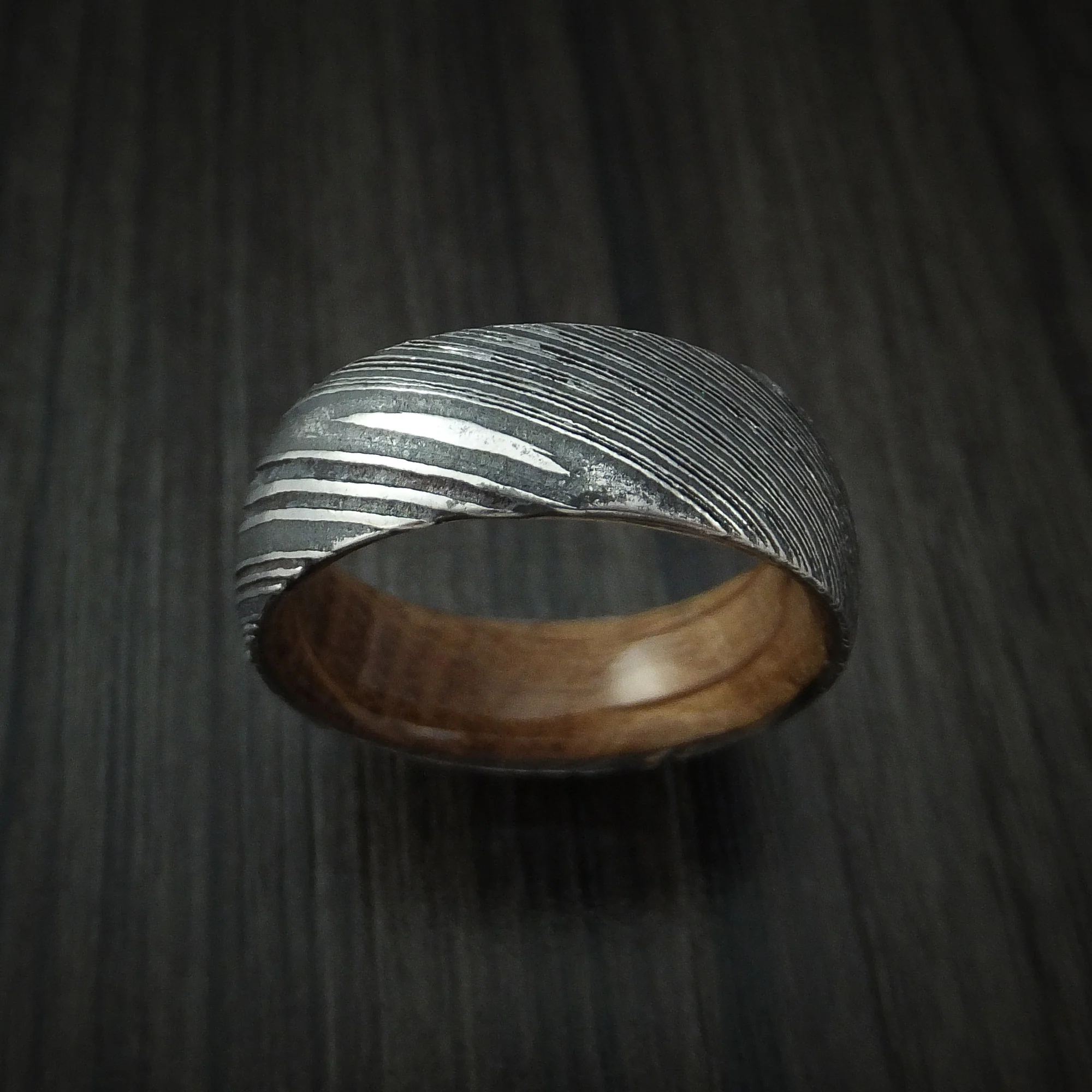 Woodgrain Kuro Damascus Steel Men's Ring with Hardwood Sleeve Custom Made Wood Band - Image 2