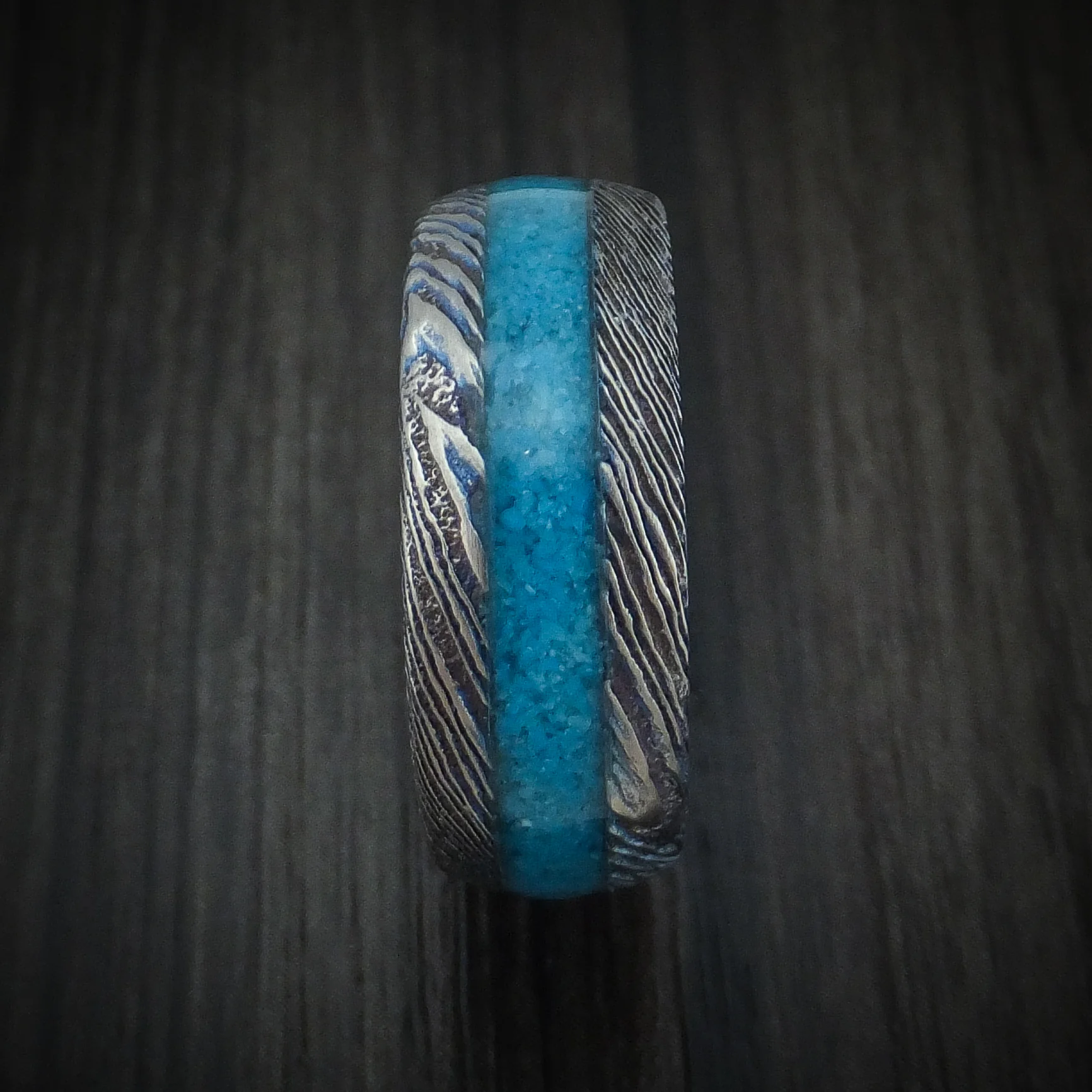 Kuro-Ti Heat-Treated Titanium Damascus Men's Ring with Stone Inlay Custom Made Band - Image 3