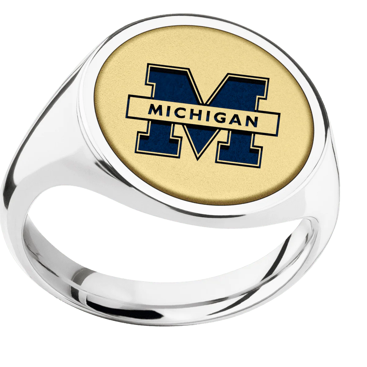 Large Circle signet ring (18mm) in Cobalt Chrome, with a Thin style band, a 14K Yellow Gold inlay and a Michigan Michigan M Banner engraving. - Image 3