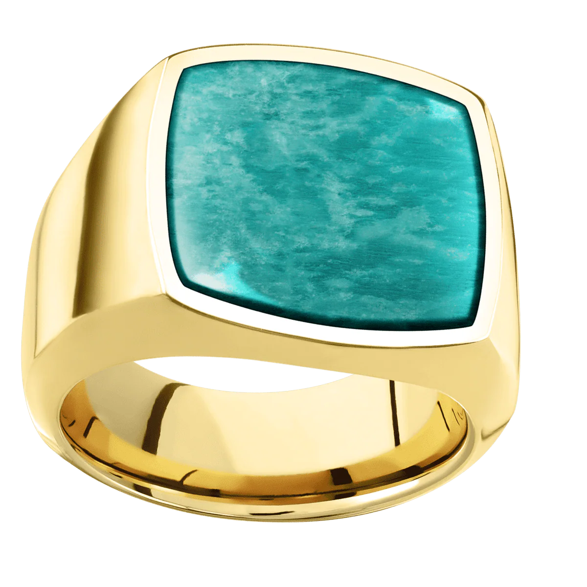 Large Cushion signet ring (18x18mm) in 10K Yellow Gold, with a Wide style band, an Amazonite inlay. - Image 3
