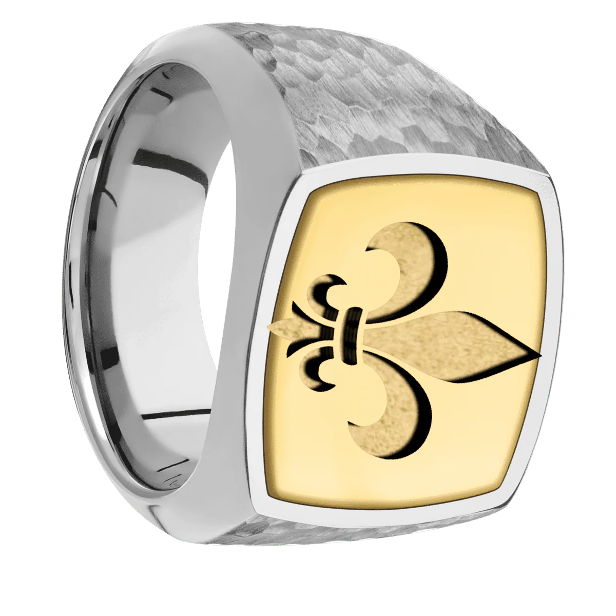 Large Cushion signet ring (18x18mm) in Titanium, with a Wide style band, a 14K Yellow Gold inlay and a Fleur De Lis engraving.