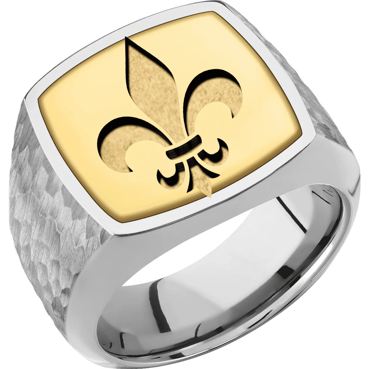 Large Cushion signet ring (18x18mm) in Titanium, with a Wide style band, a 14K Yellow Gold inlay and a Fleur De Lis engraving. - Image 2