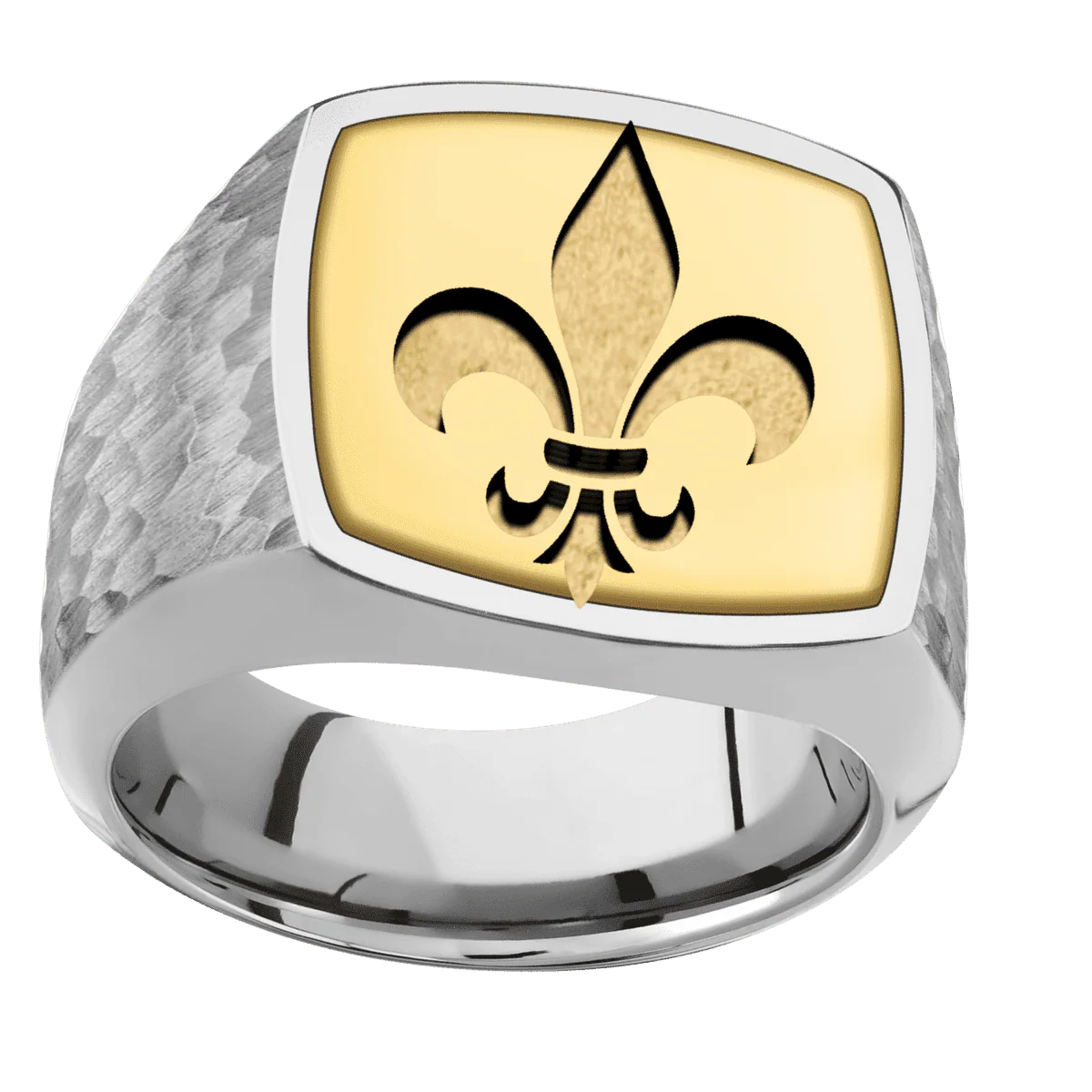Large Cushion signet ring (18x18mm) in Titanium, with a Wide style band, a 14K Yellow Gold inlay and a Fleur De Lis engraving. - Image 3